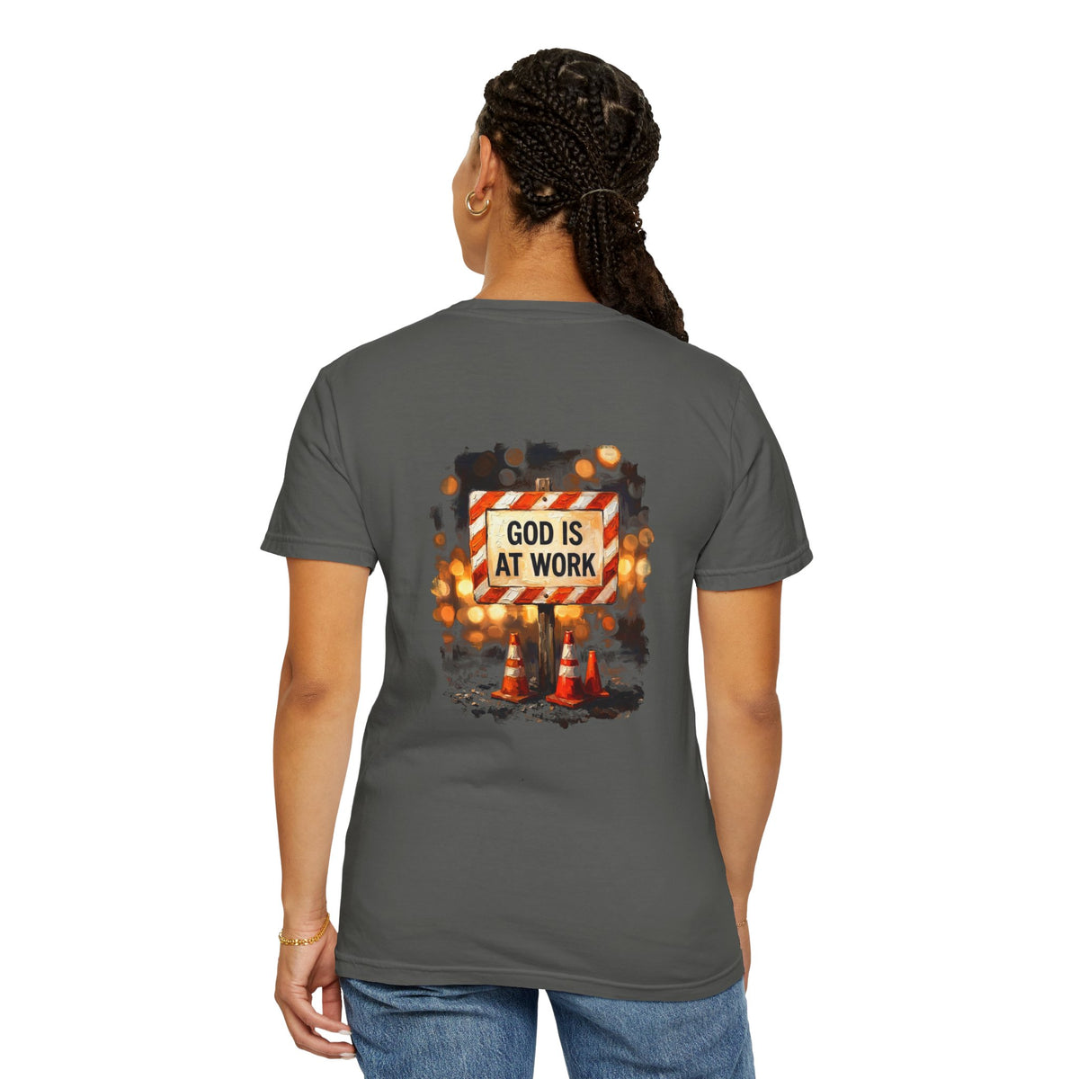 Christian T-Shirt — "God Is At Work" Cross Graphic Tee