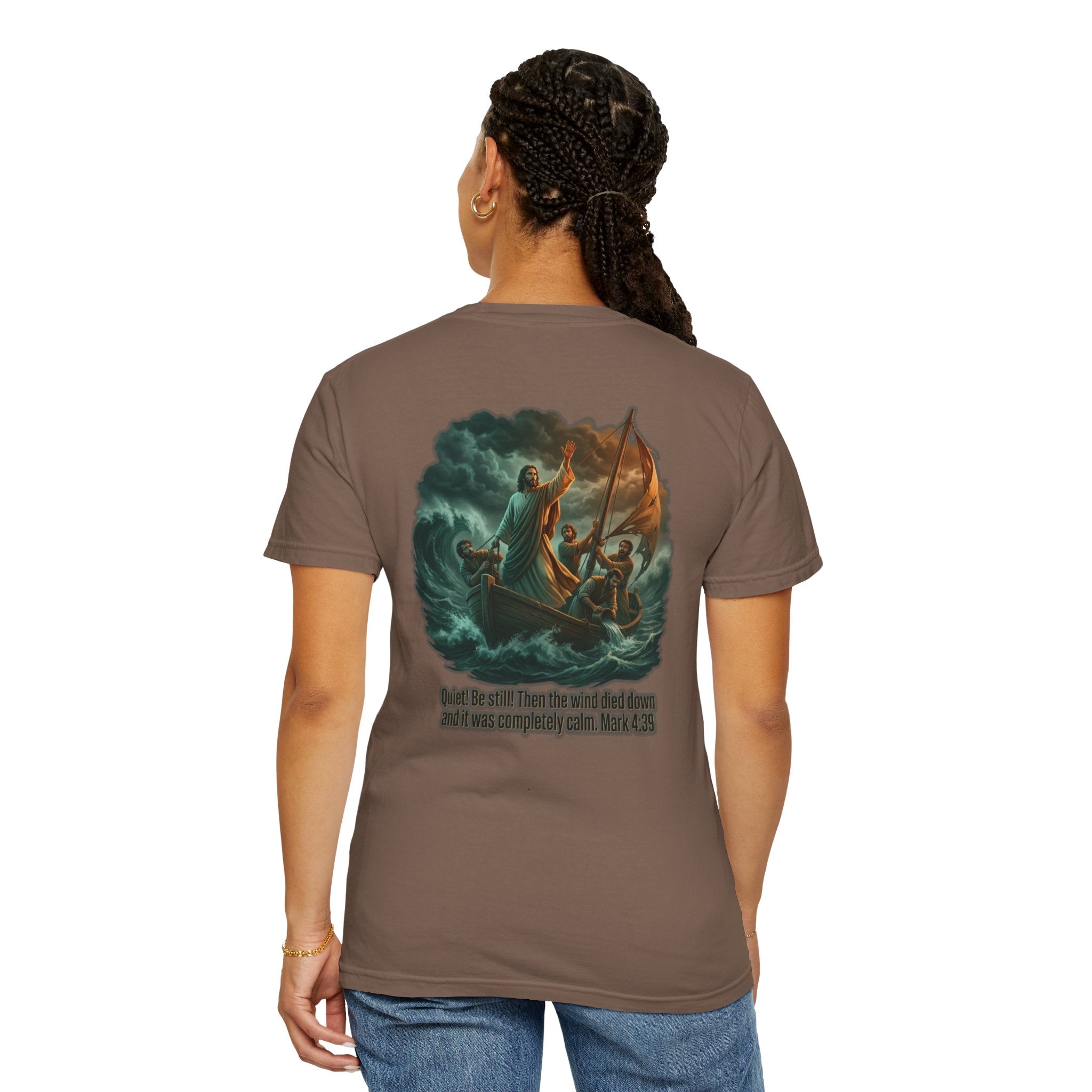 Christian Faith T-Shirt — 'He Said, "Be Still"' Boat Scene with Matthew 8:23-27 Biblical Tee