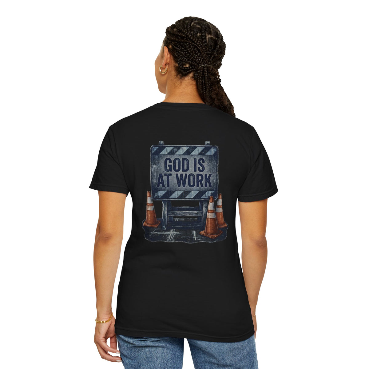 Christian T-Shirt — “God Is At Work” Tee with Cross Graphic