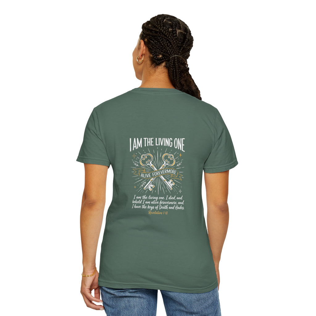Christian Cross T-Shirt — “I Am the Living One” Scripture Back Graphic