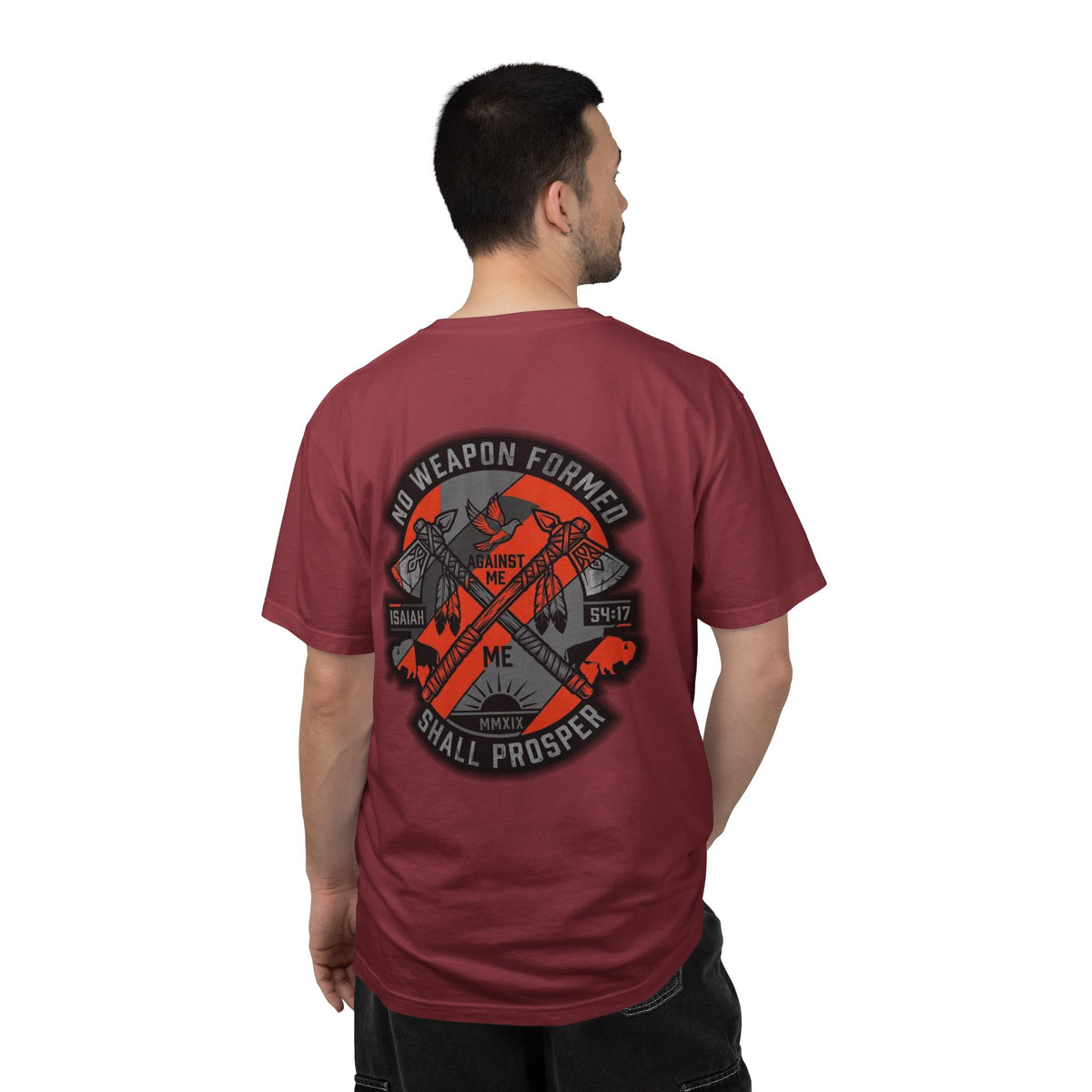 Faith Cross T-Shirt — “No Weapon Formed Shall Prosper” Back Graphic