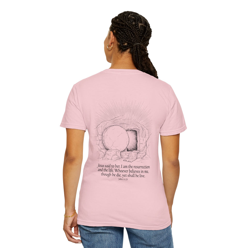 Christian Cross T-Shirt — Resurrection Tomb Design with John 11:25 Scripture