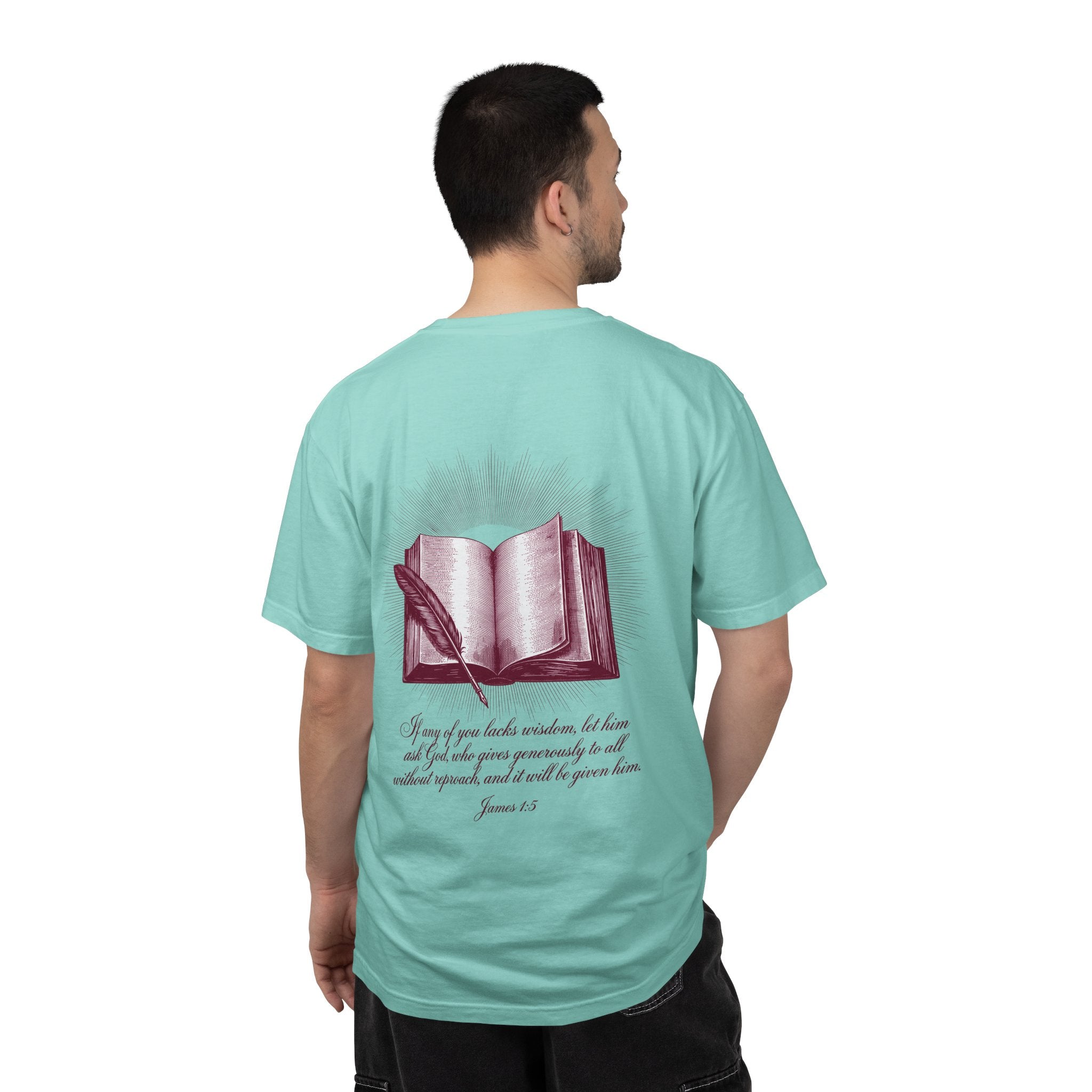 Christian Cross T-Shirt — Illustrated Bible Back Print with James 1:5 Quote
