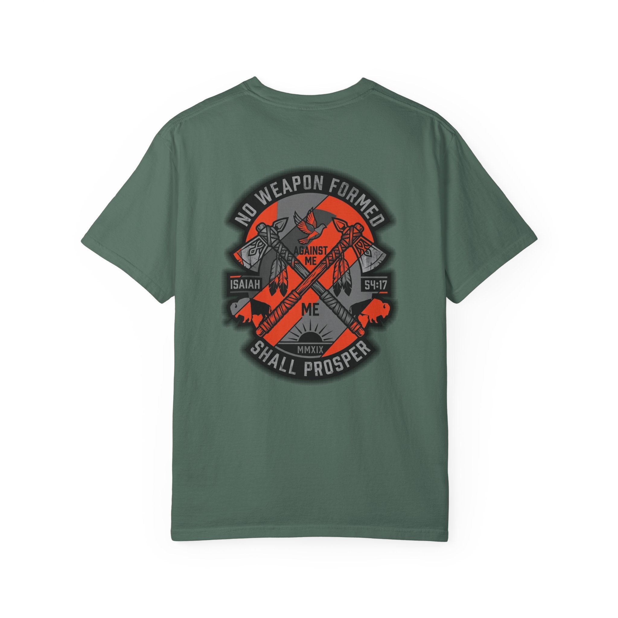 Faith Cross T-Shirt — “No Weapon Formed Shall Prosper” Back Graphic
