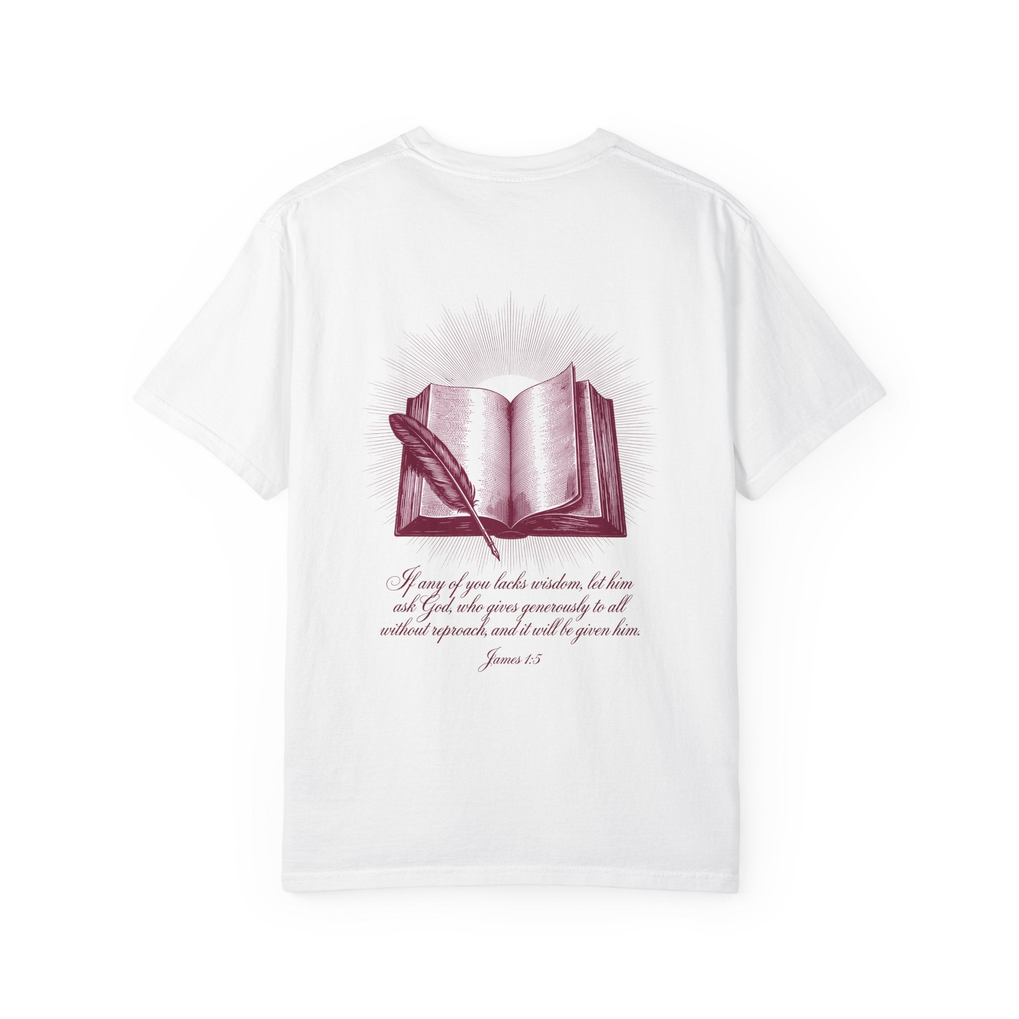 Christian Cross T-Shirt — Illustrated Bible Back Print with James 1:5 Quote