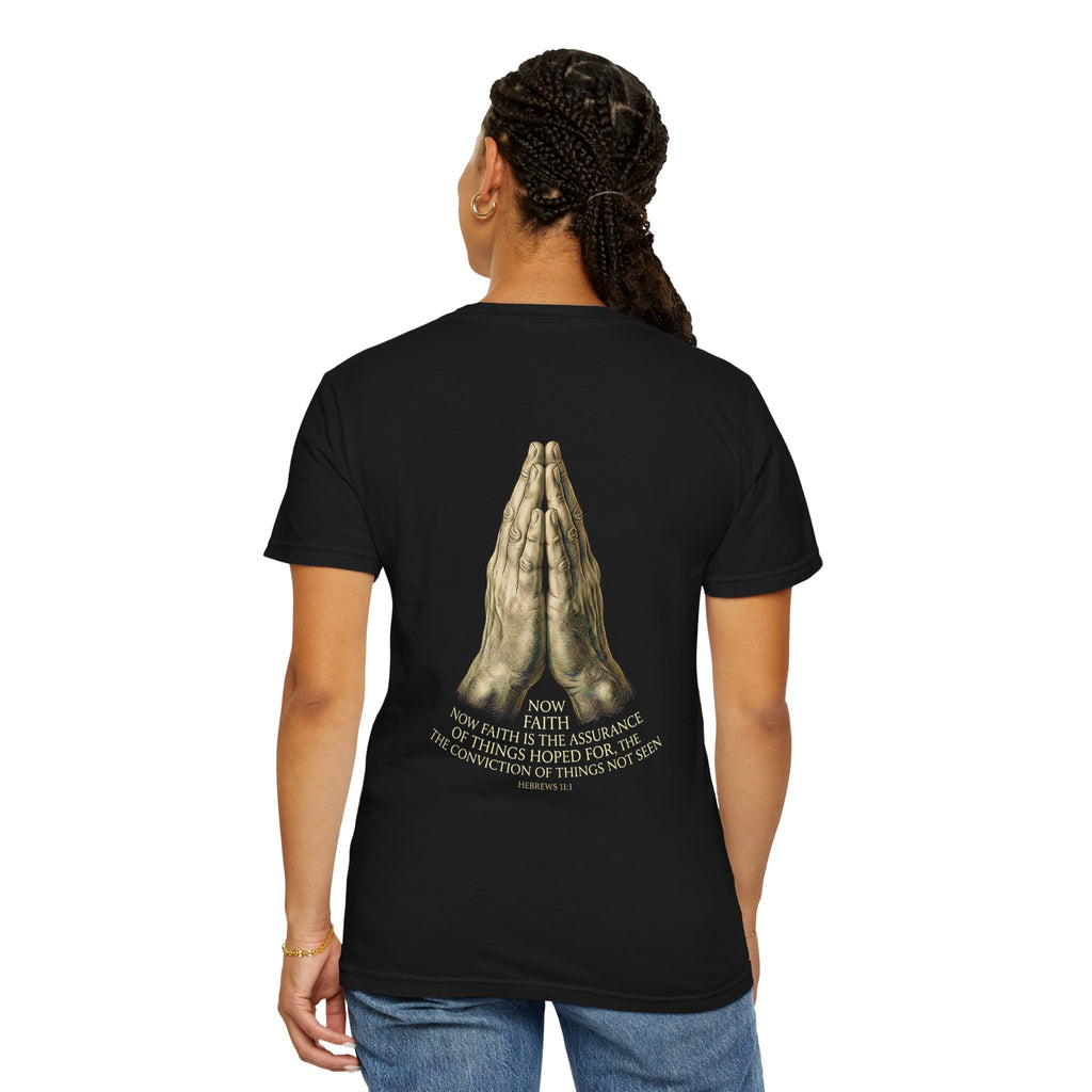 Prayer Hands Cross T‑Shirt — Christian Faith Tee with Back Scripture Design