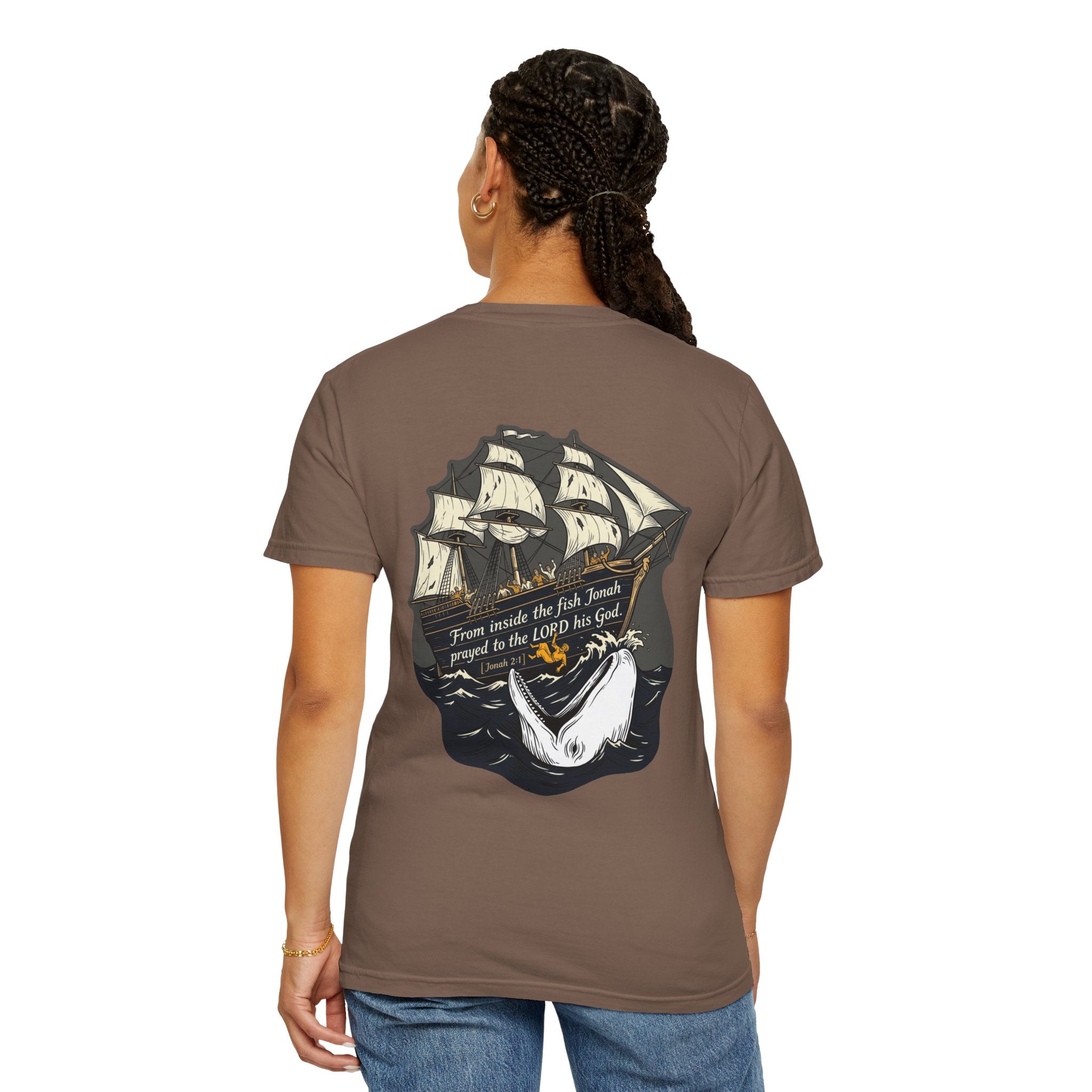 Christian Ship & Whale T-Shirt — 'From inside the fish Jonah prayed to the LORD his God' Chest Cross