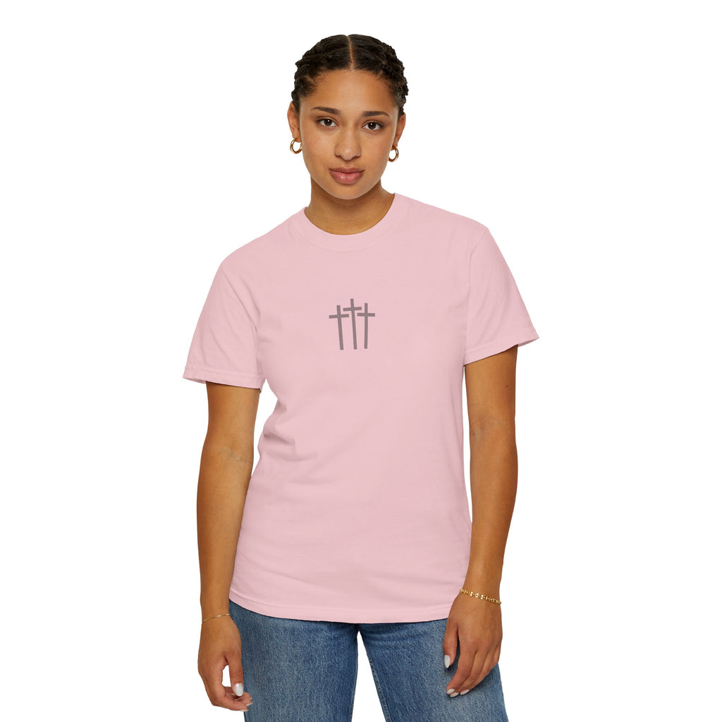 Christian Dove T-Shirt — Three Crosses Front & Dove Back with Scripture