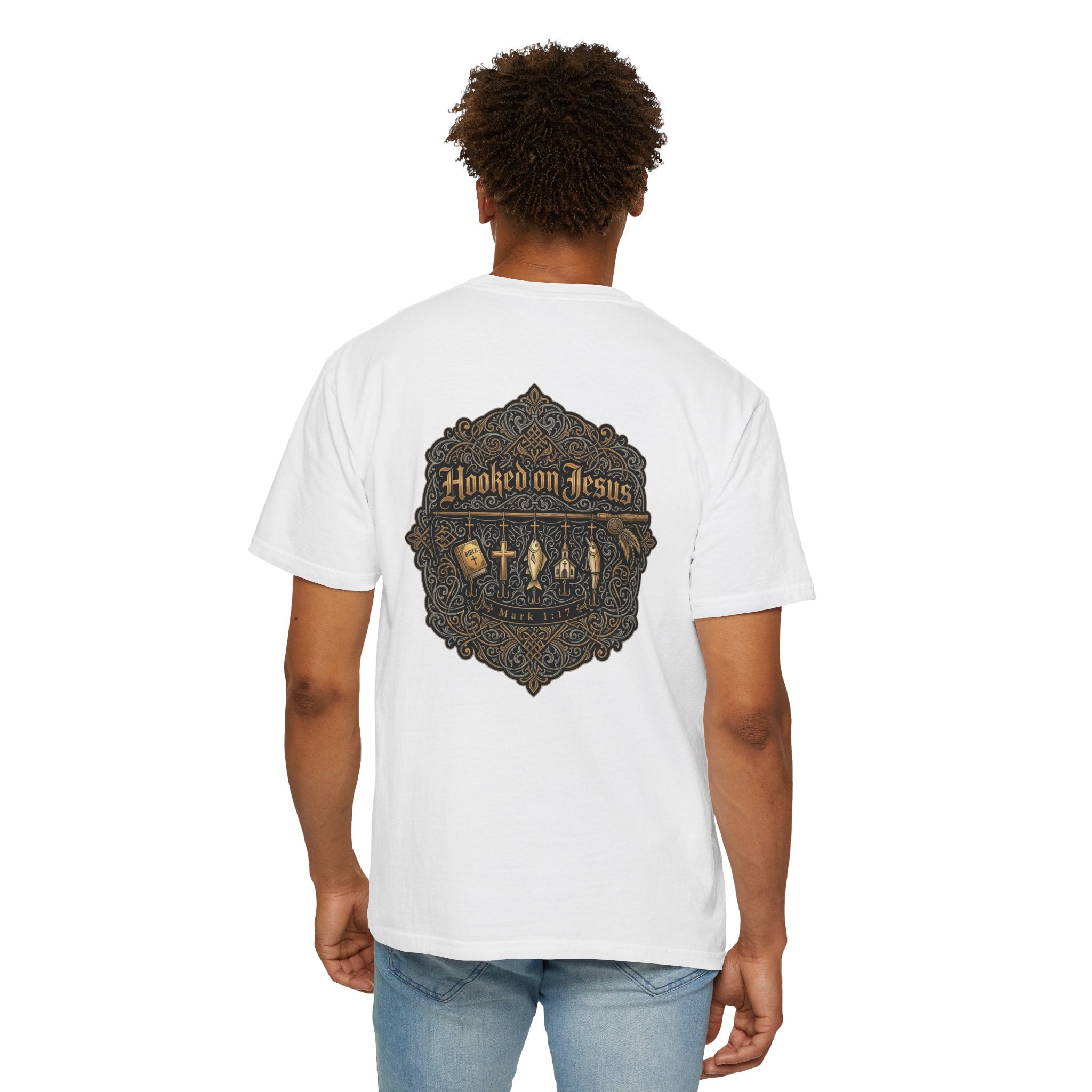 Hooked on Jesus T‑Shirt — Small Front Cross & Ornate Back Graphic