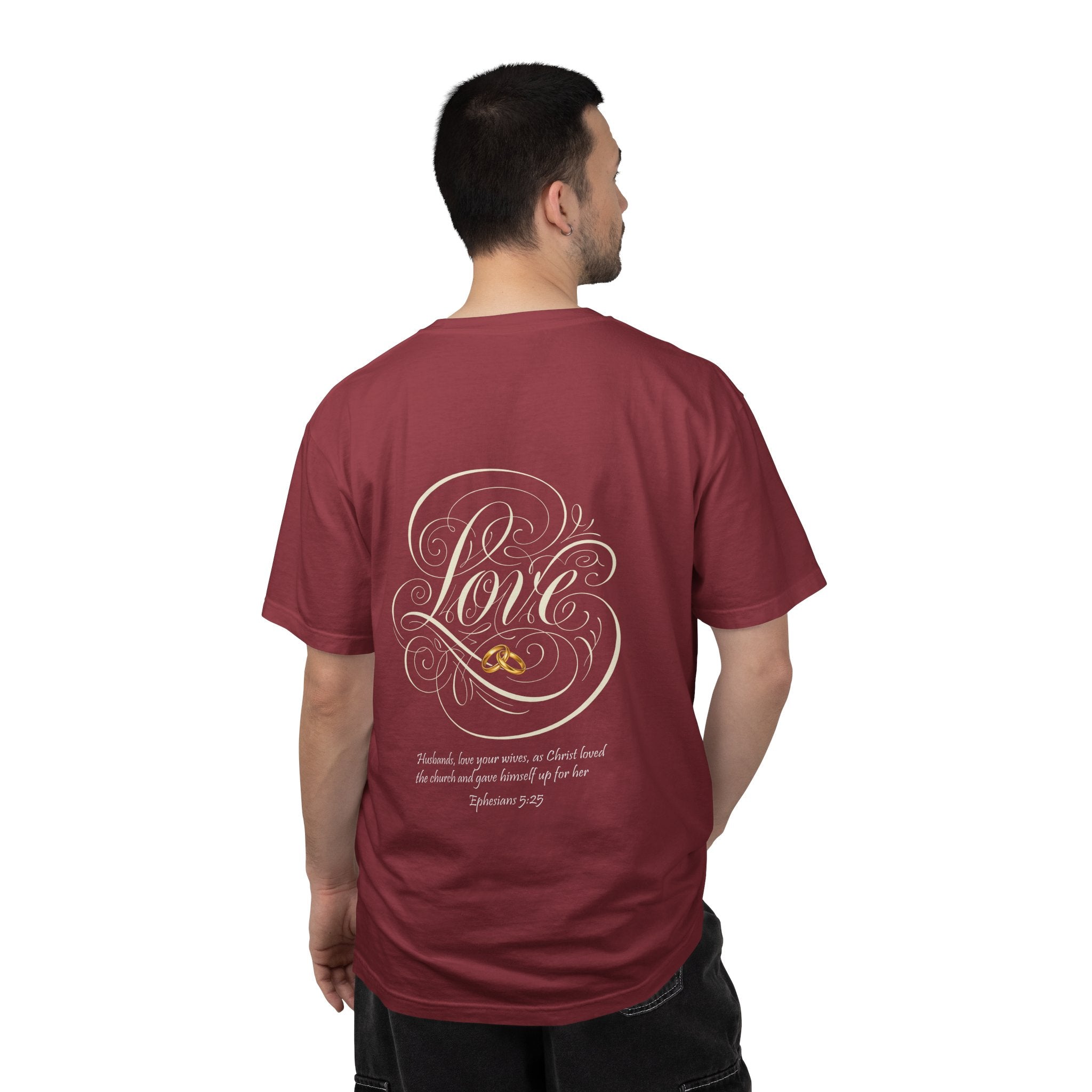Christian Love Tee — Scripture Cross Back Design (1 John 4:19)