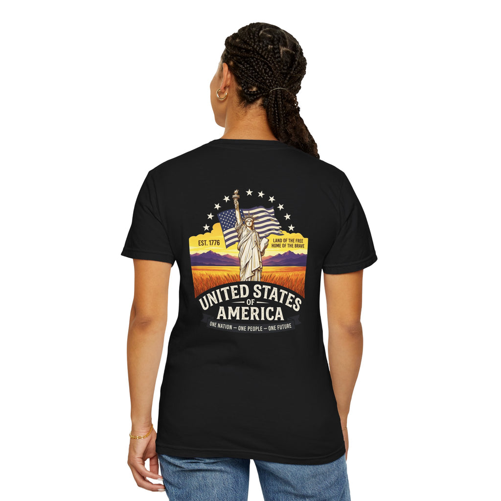 America Graphic T-Shirt — United States Vintage Statue of Liberty Back Print