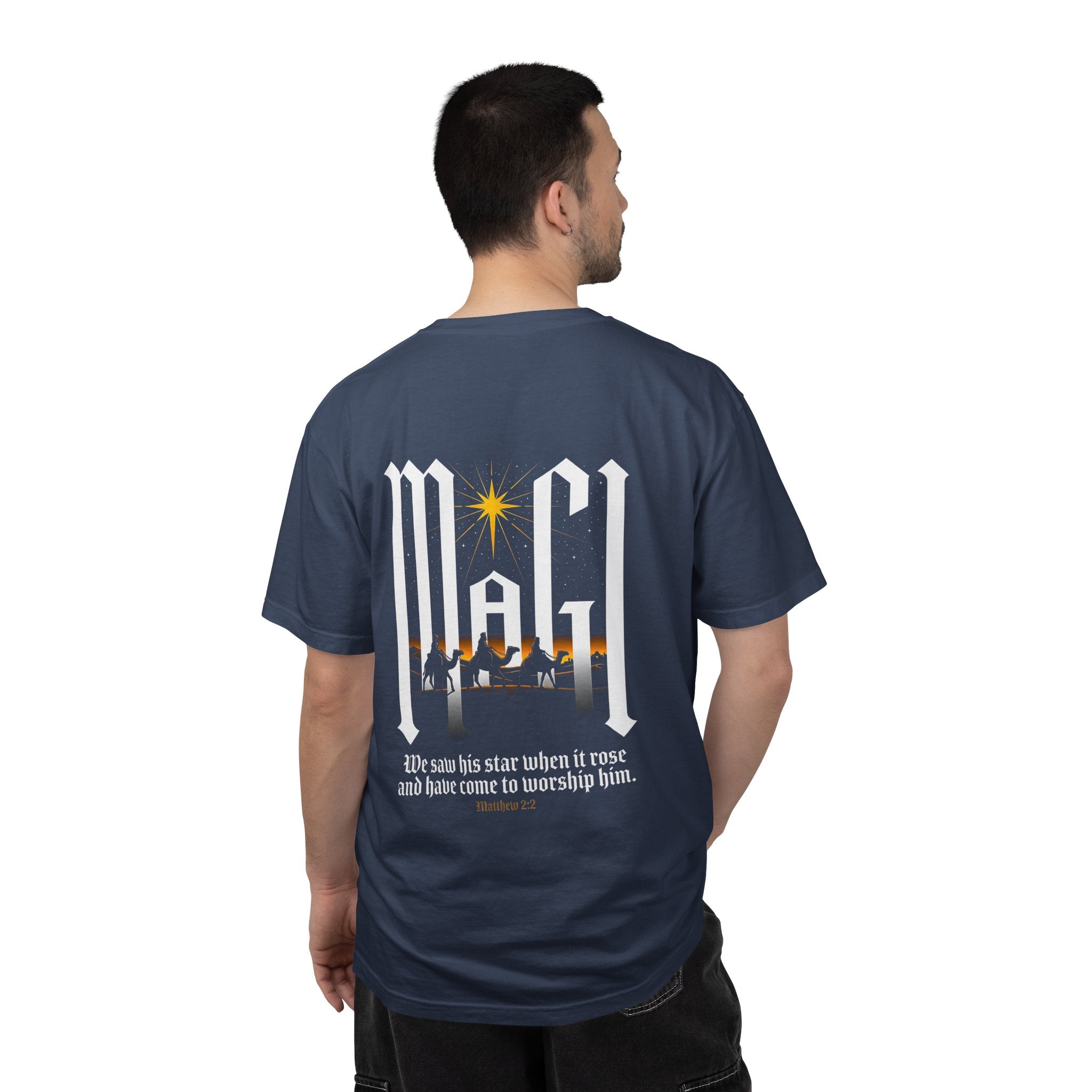 Christian Cross T-Shirt — 'We Saw His Star' Nativity Backprint Tee