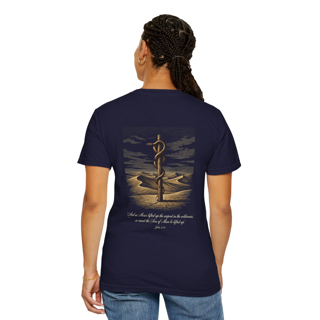 Christian Cross T-Shirt — Biblical Staff of Moses Desert Design with Scripture