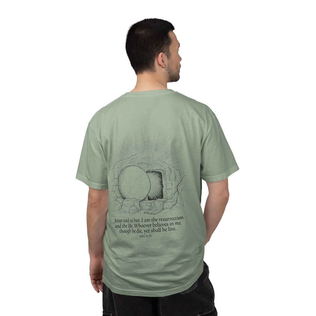 Christian Cross T-Shirt — Resurrection Tomb Design with John 11:25 Scripture