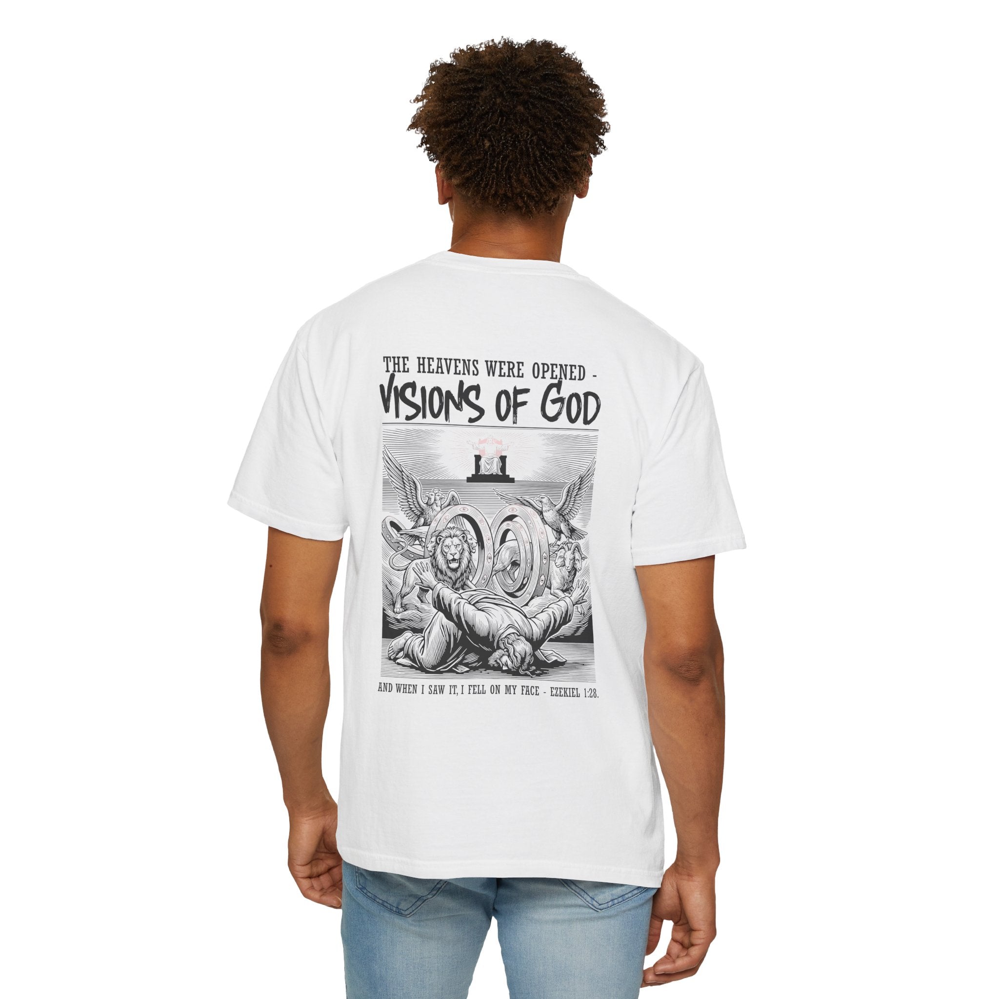 Religious T-Shirt — “Visions of God” Back Print with Small Cross