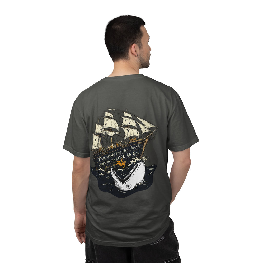 Christian Ship & Whale T-Shirt — 'From inside the fish Jonah prayed to the LORD his God' Chest Cross