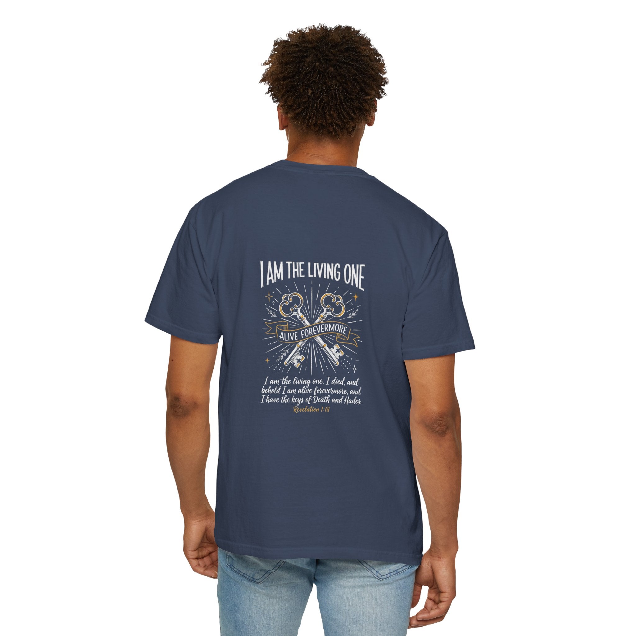 Christian Cross T-Shirt — “I Am the Living One” Scripture Back Graphic