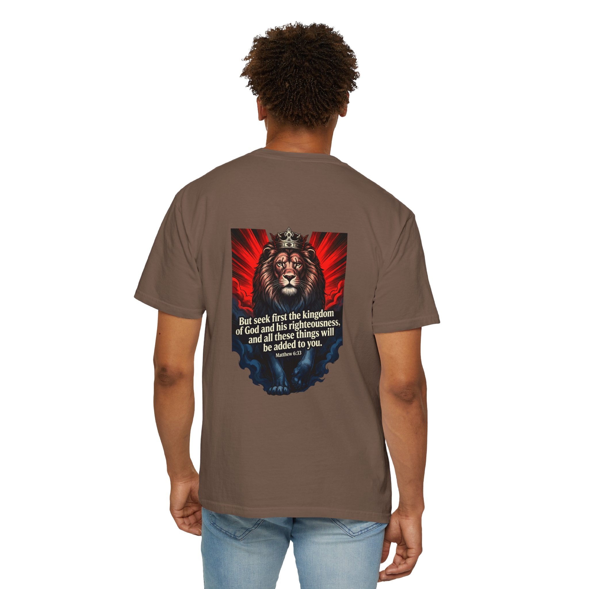 Christian Lion T-Shirt — 'But seek first the kingdom of God' Scripture Tee