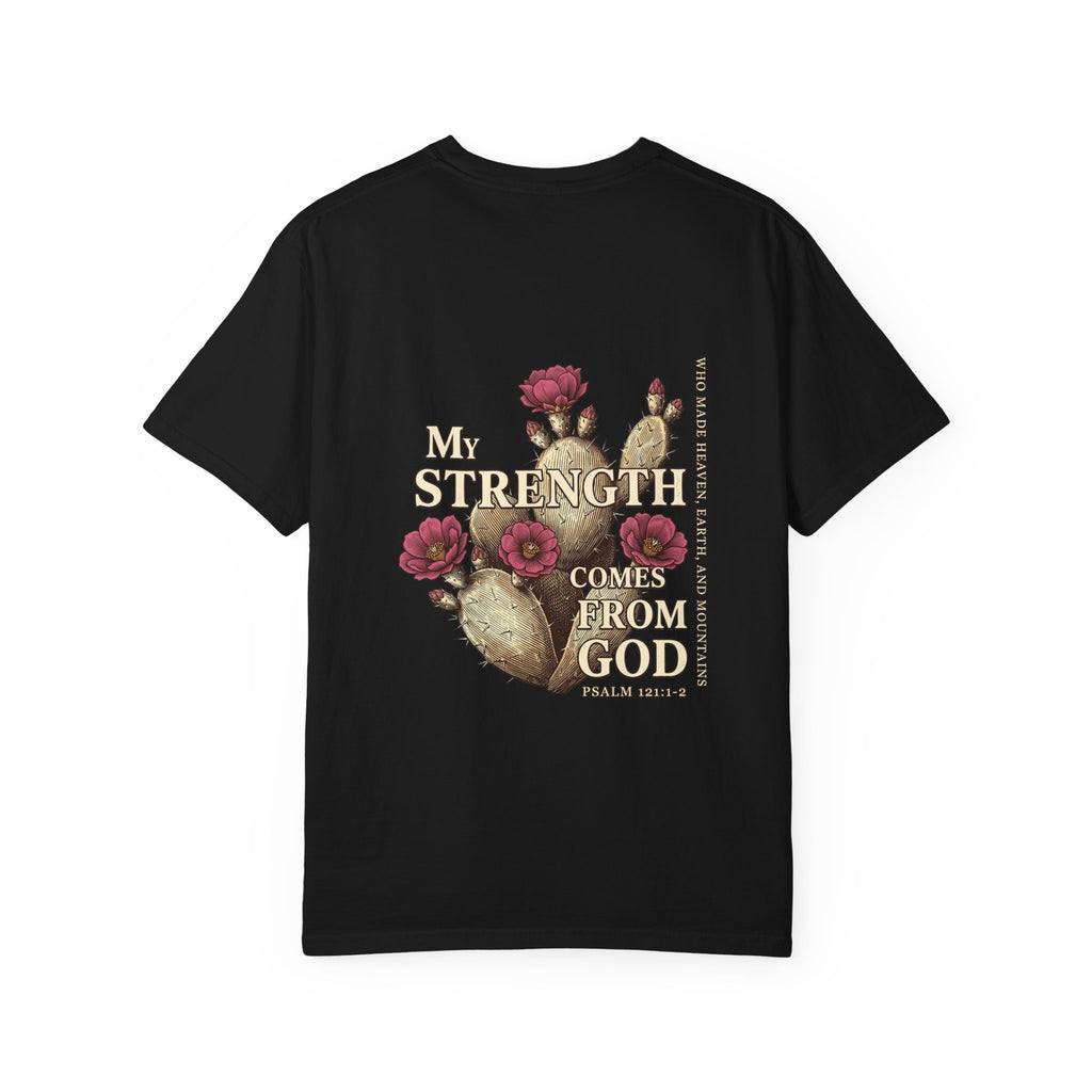 Christian Floral T‑Shirt — “My Strength Comes From God” Chest Cross Design