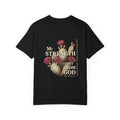 Christian Floral T‑Shirt — “My Strength Comes From God” Chest Cross Design