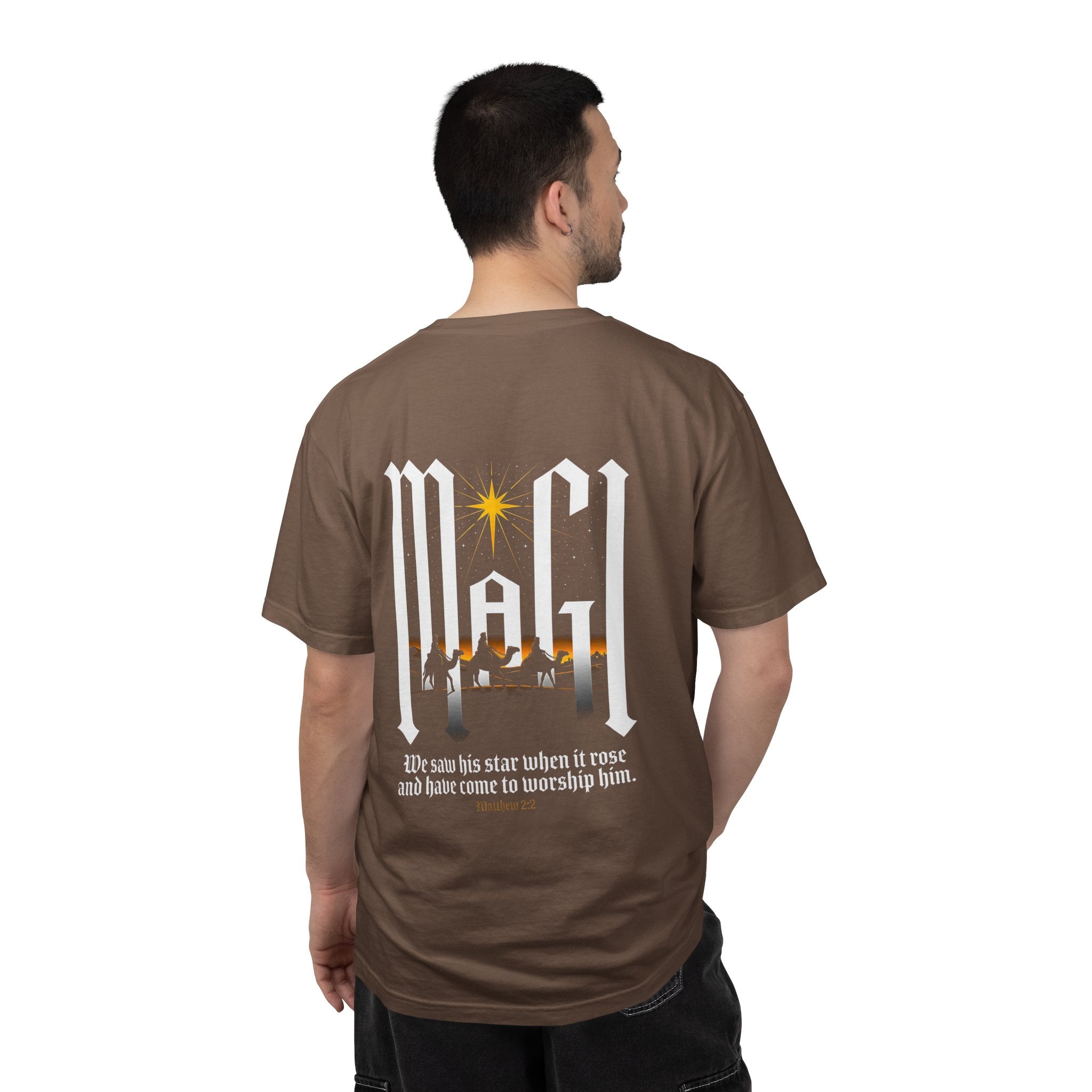 Christian Cross T-Shirt — 'We Saw His Star' Nativity Backprint Tee