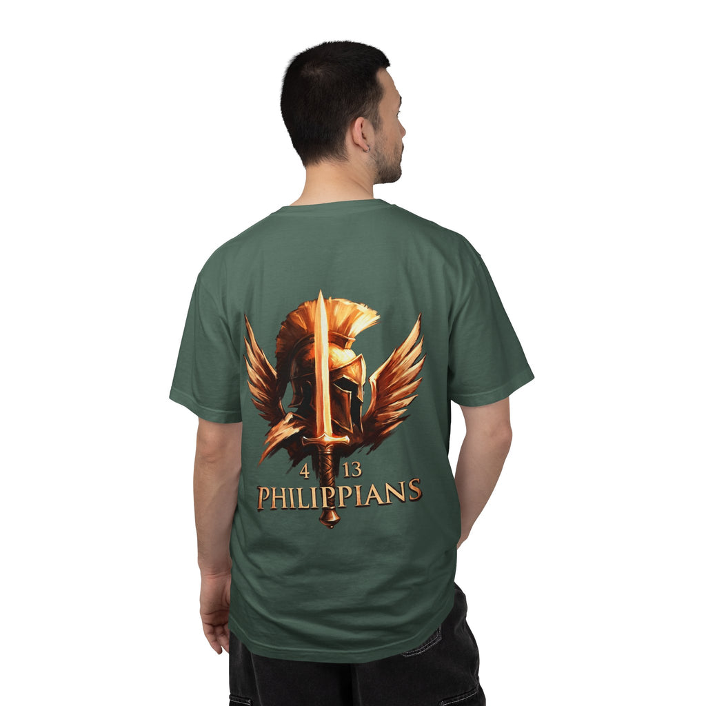 Christian Philippians 4:13 T-Shirt — Warrior Helmet Cross Graphic Tee