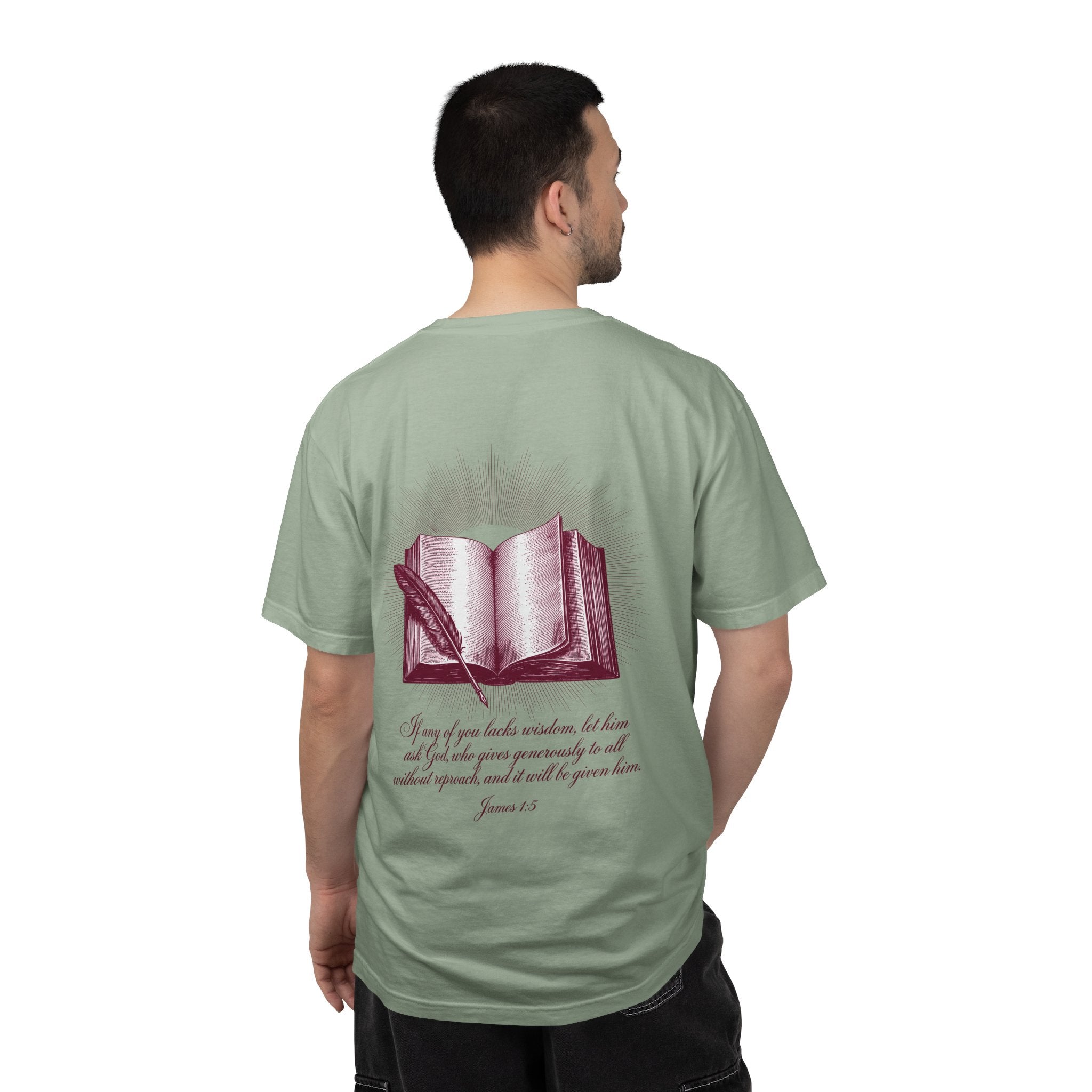 Christian Cross T-Shirt — Illustrated Bible Back Print with James 1:5 Quote