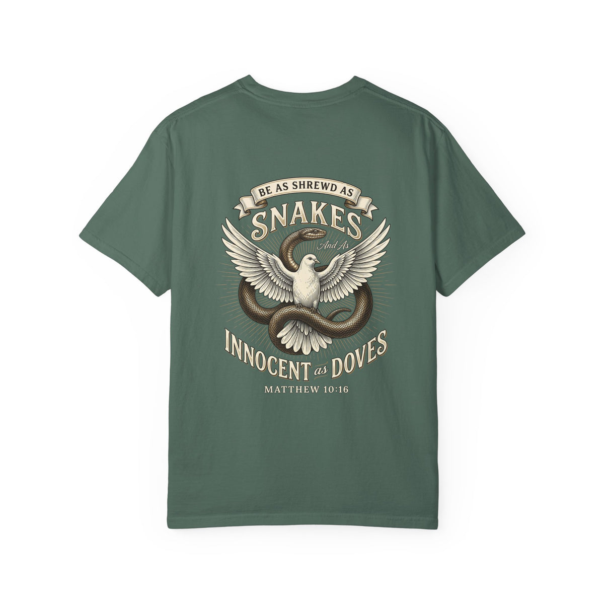 Christian Cross T-Shirt — "Be as Shrewd as Snakes, Innocent as Doves" Graphic Tee (Matthew 10:16)