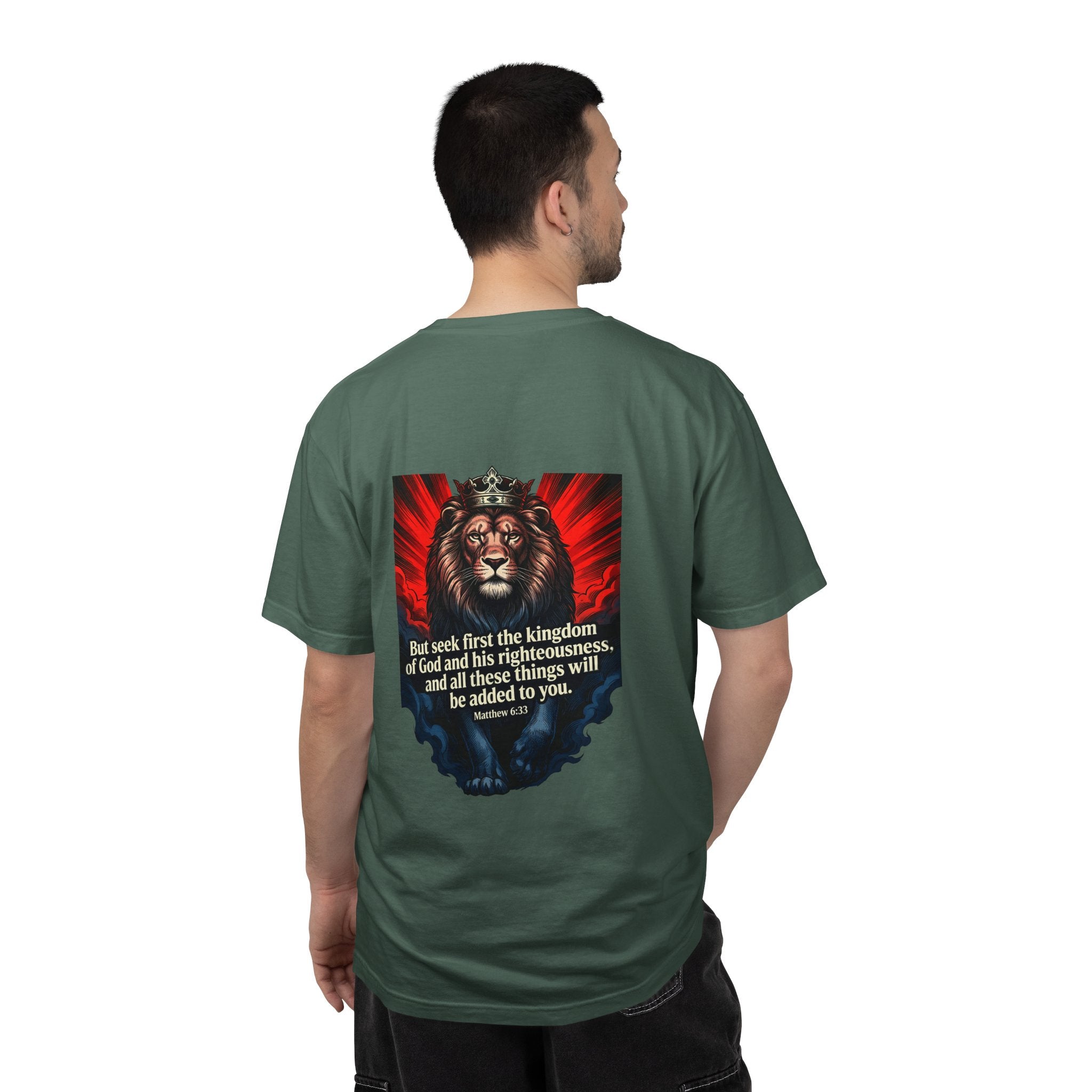 Christian Lion T-Shirt — 'But seek first the kingdom of God' Scripture Tee