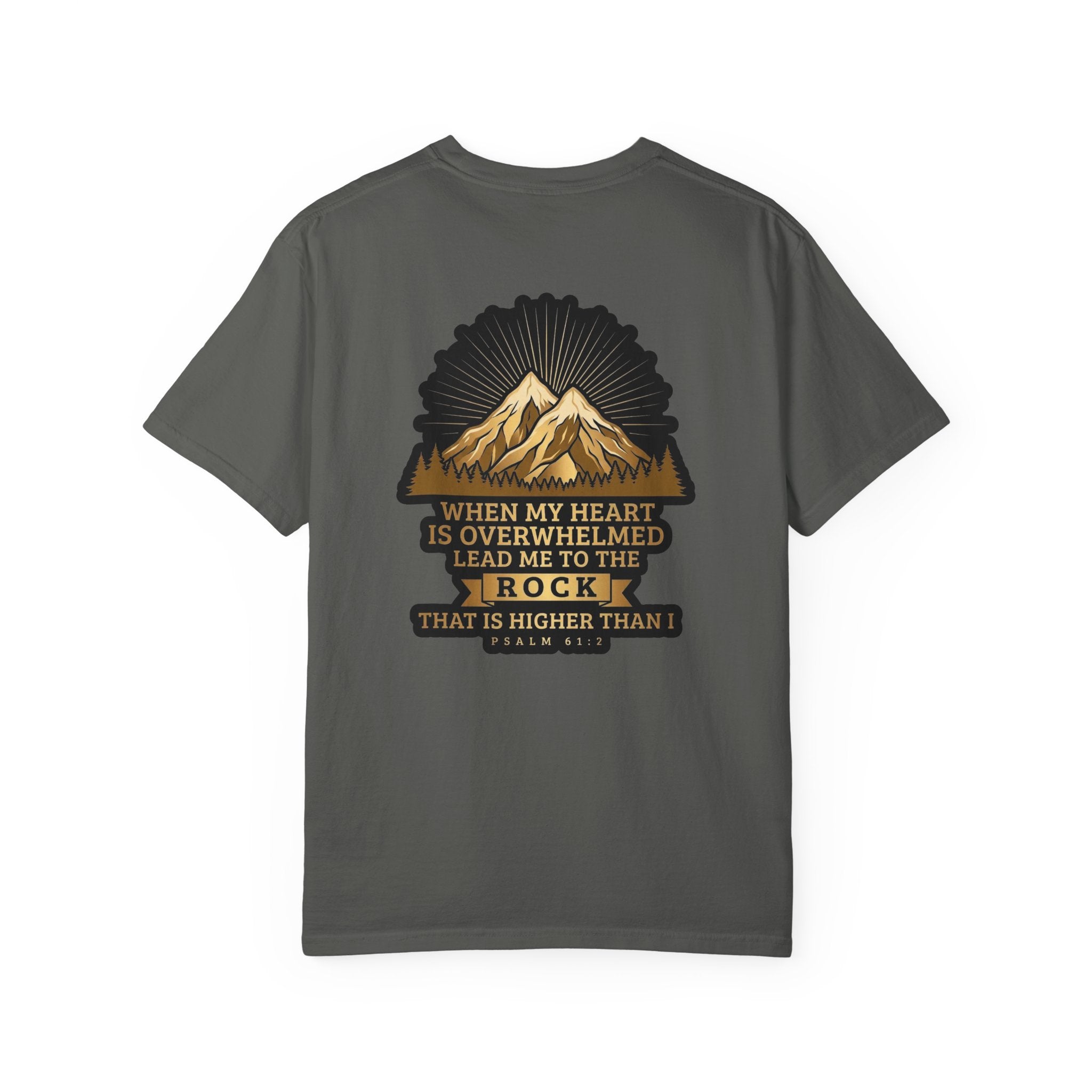 Christian T-Shirt — "When My Heart Is Overwhelmed" Psalm 61:2 Mountain Cross Tee