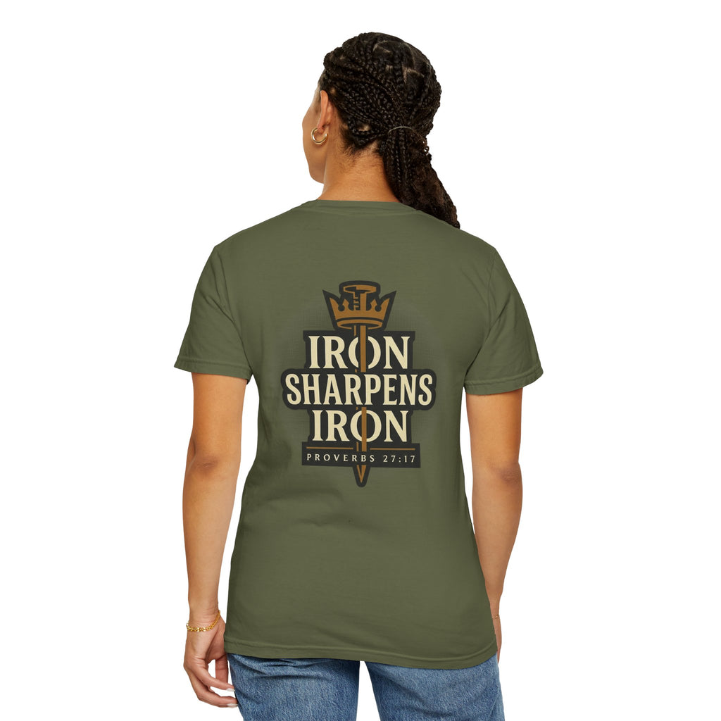 Iron Sharpens Iron T-Shirt — Small Cross Front, Proverbs 27:17 Back