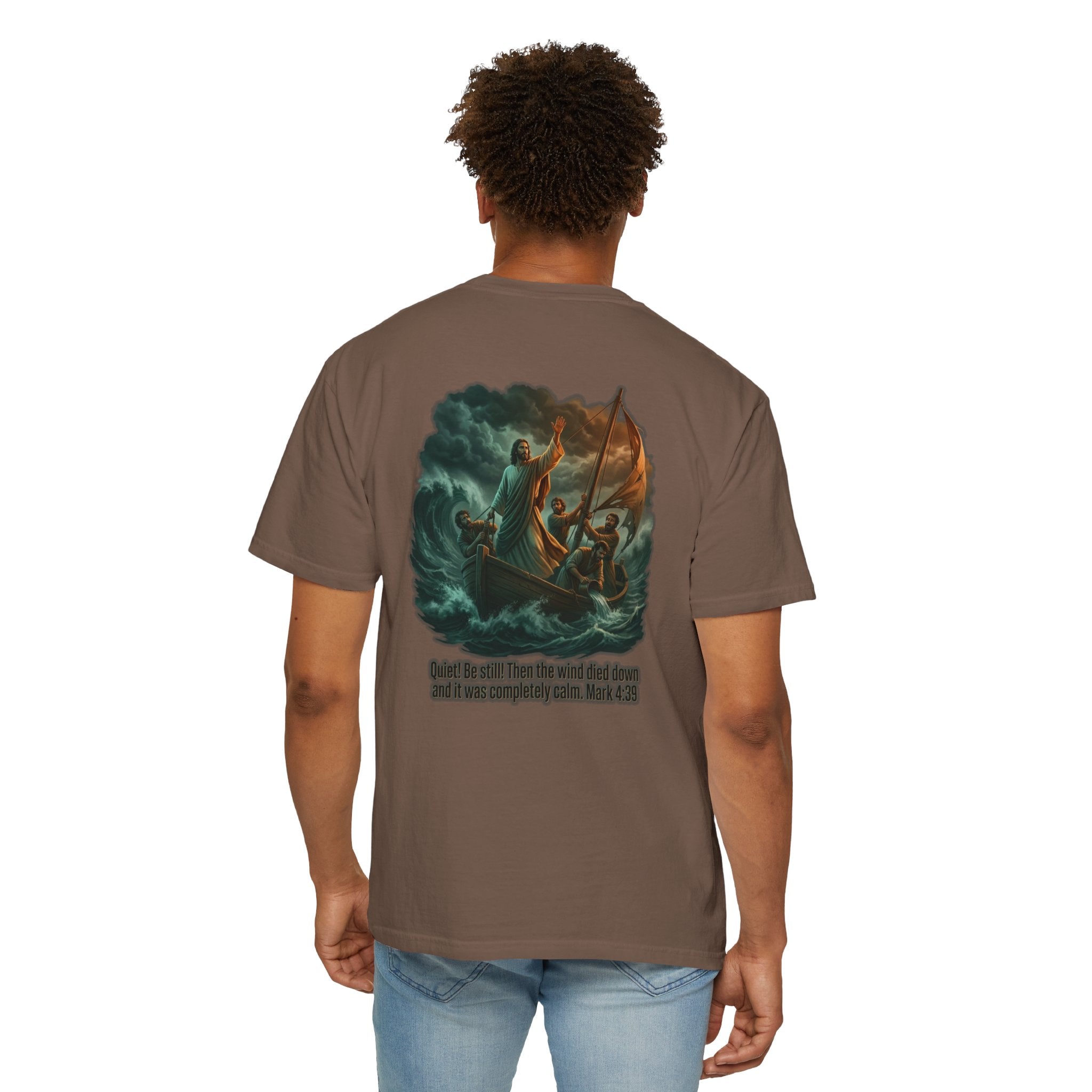 Christian Faith T-Shirt — 'He Said, "Be Still"' Boat Scene with Matthew 8:23-27 Biblical Tee