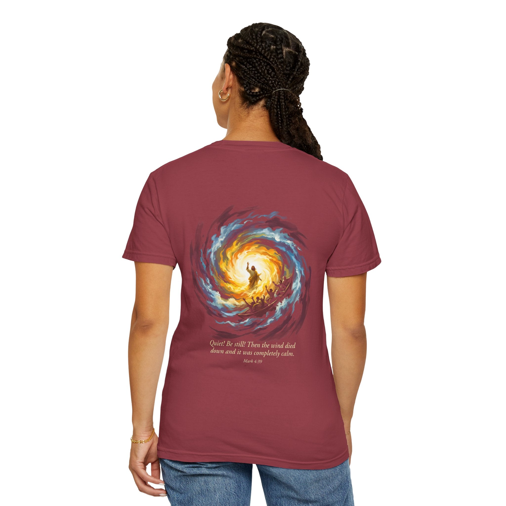Christian T‑Shirt — Small Chest Cross & 'Quiet Be Still' Scripture Back Design