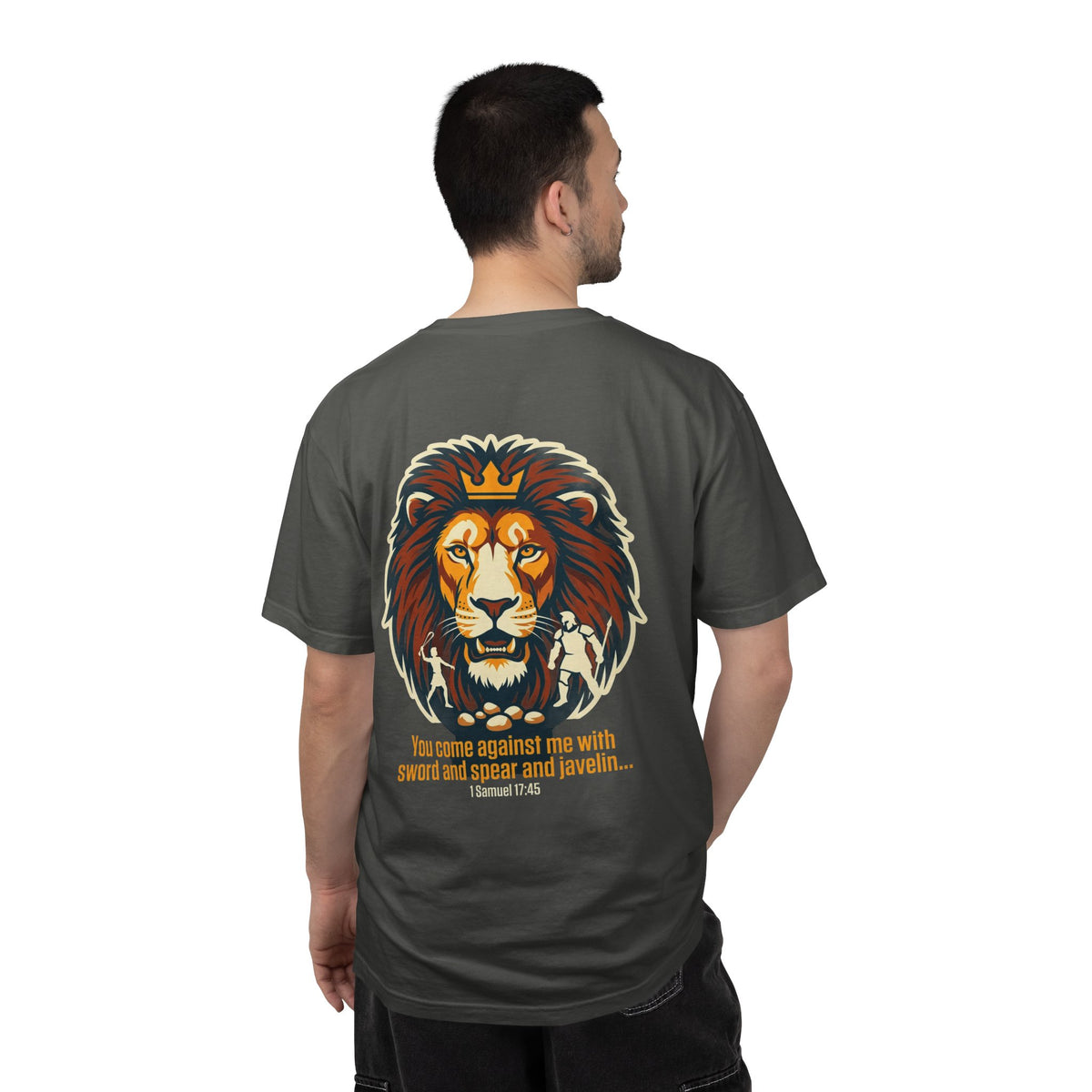 Christian Lion T-Shirt — 'You Came Against Me' 1 Samuel 17:45 Bible Tee