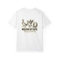 Walking by Faith T-Shirt — Vintage Duck Illustration, "Walking By Faith: Tripping Constantly" Back Graphic