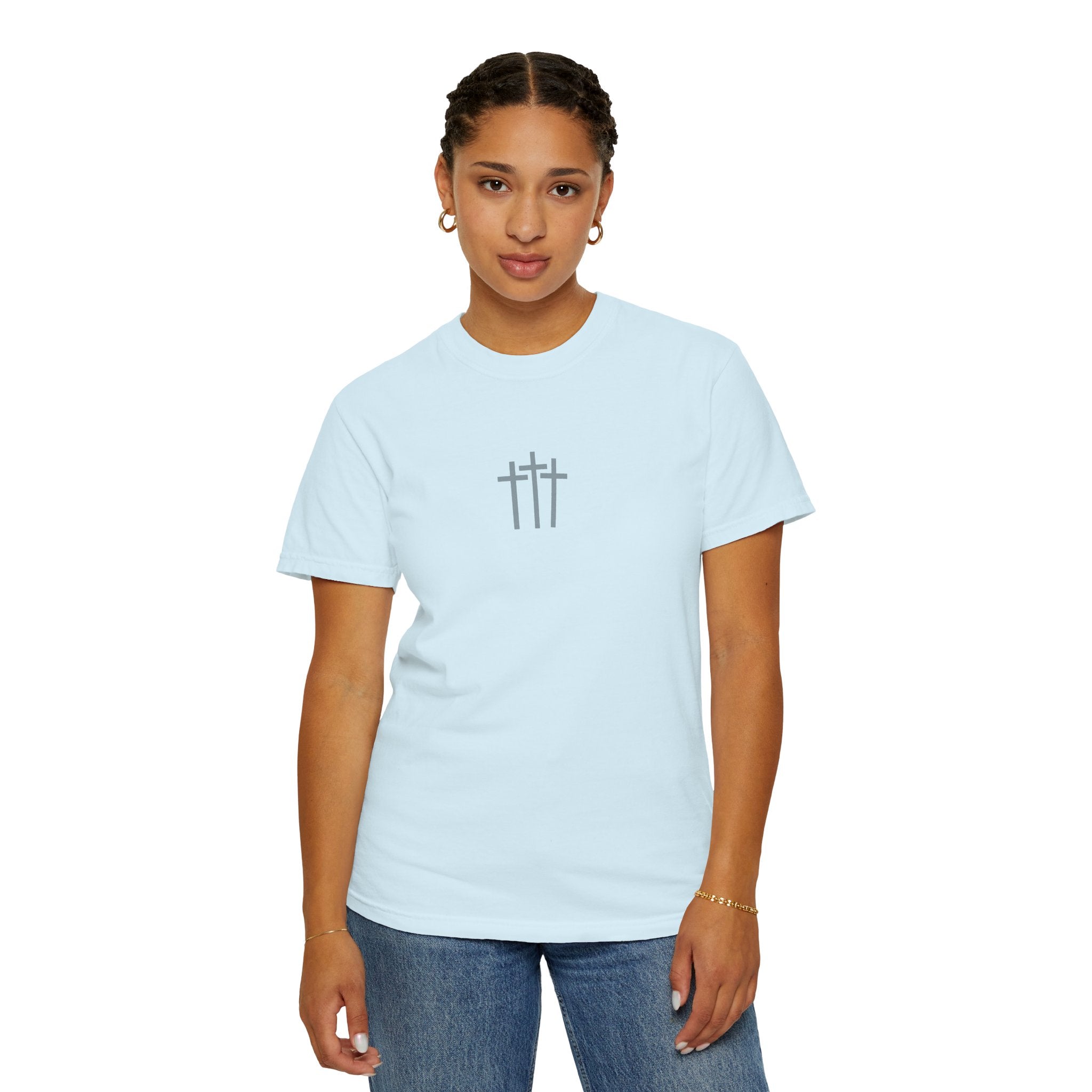 Christian Dove T-Shirt — Three Crosses Front & Dove Back with Scripture