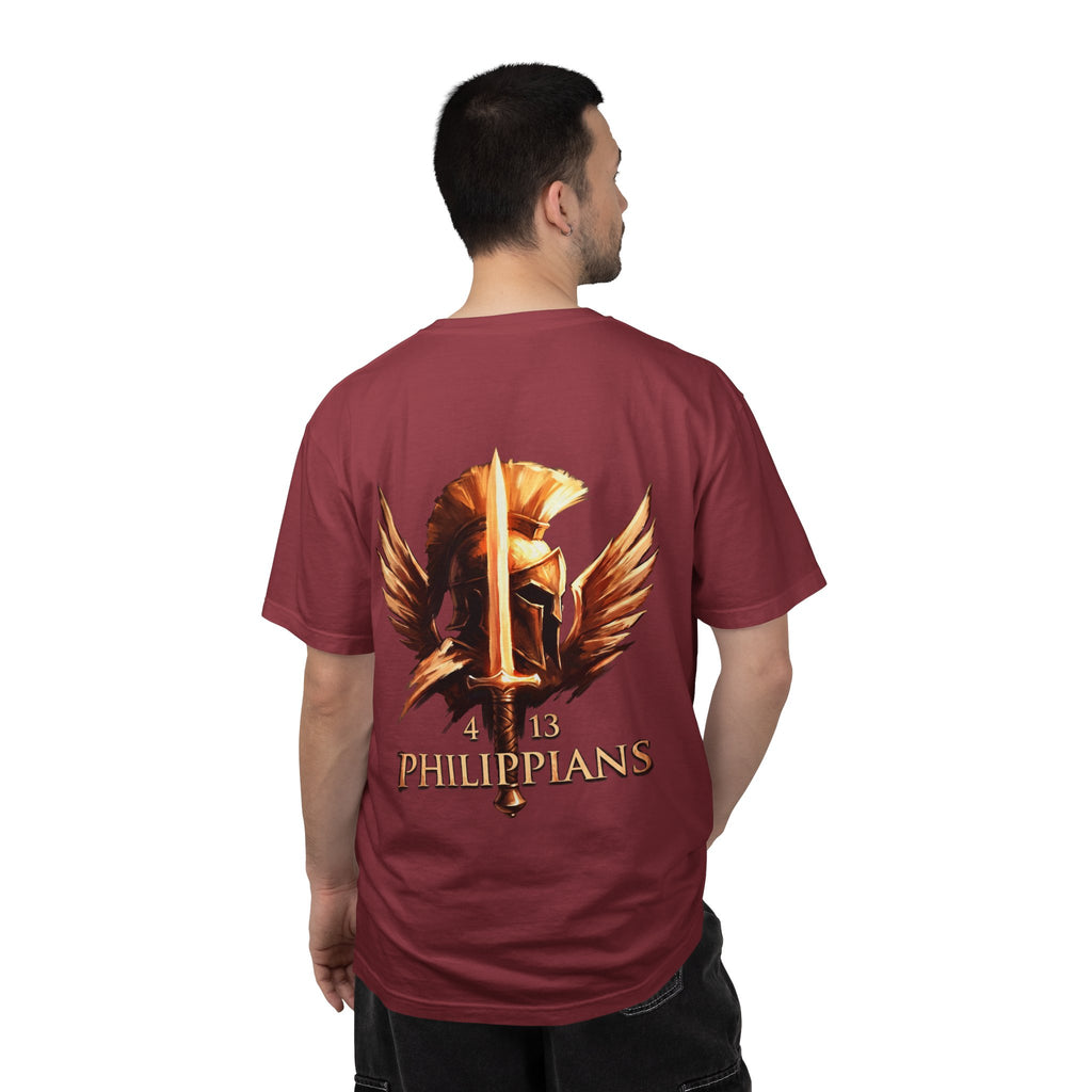 Christian Philippians 4:13 T-Shirt — Warrior Helmet Cross Graphic Tee