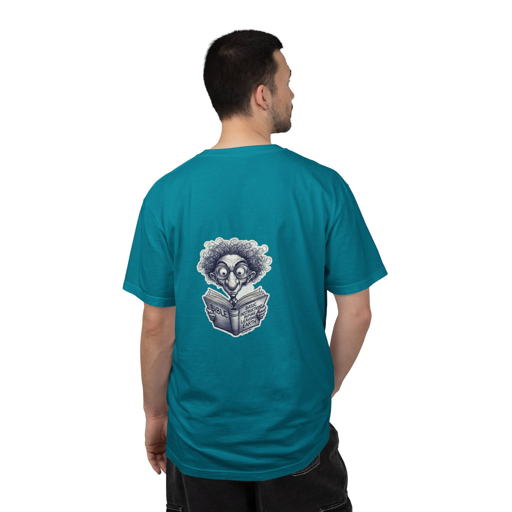 Graphic T-Shirt — Small Cross Front & Whimsical Reader Illustration Back