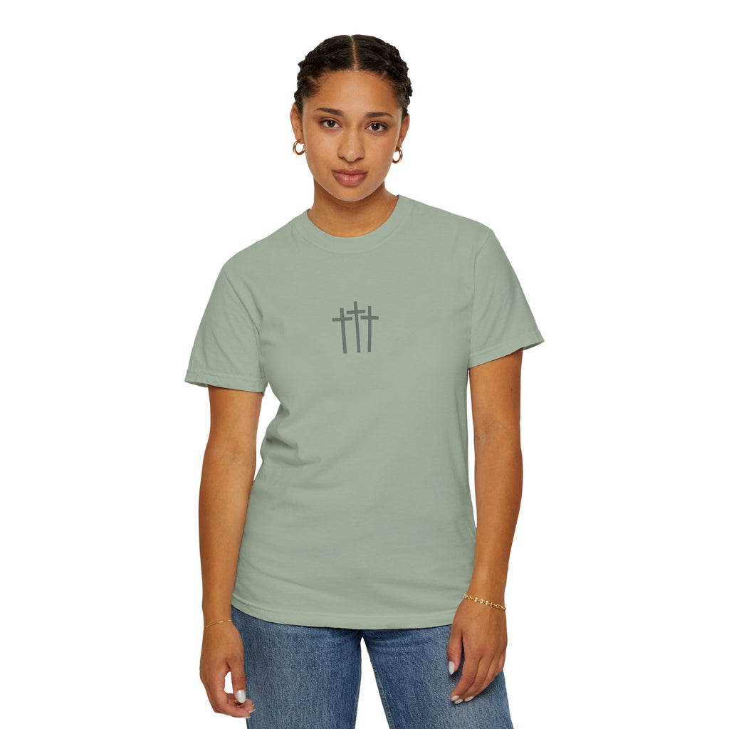 Christian Dove T-Shirt — Three Crosses Front & Dove Back with Scripture