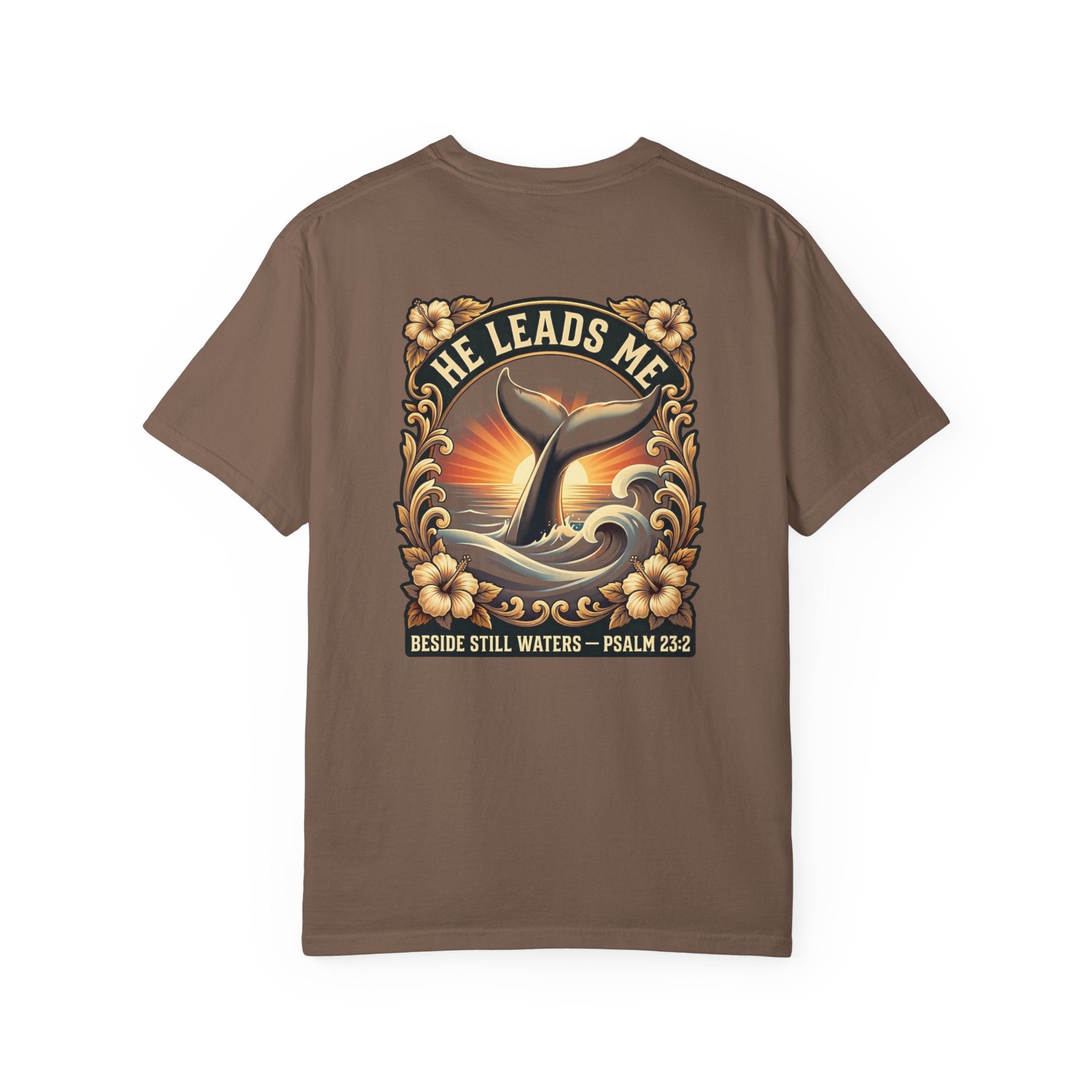 Christian Cross T-Shirt — "He Leads Me" Whale Psalm 23:2 Graphic Tee
