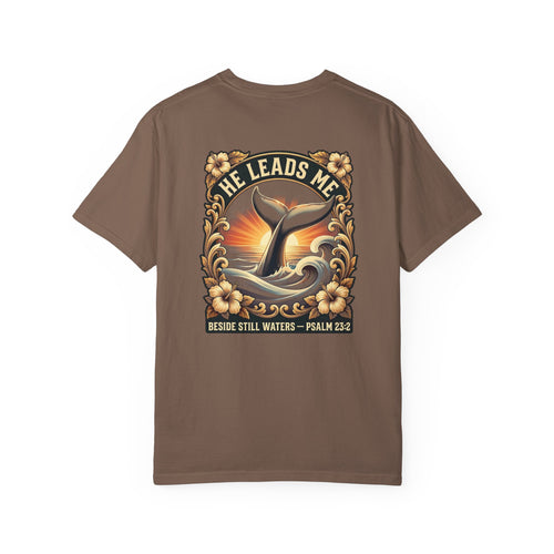 Christian Cross T-Shirt — "He Leads Me" Whale Psalm 23:2 Graphic Tee