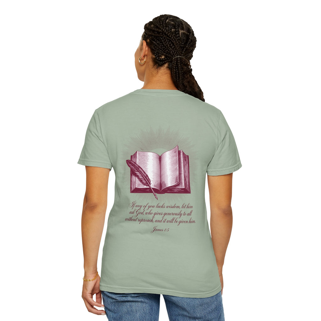 Christian Cross T-Shirt — Illustrated Bible Back Print with James 1:5 Quote