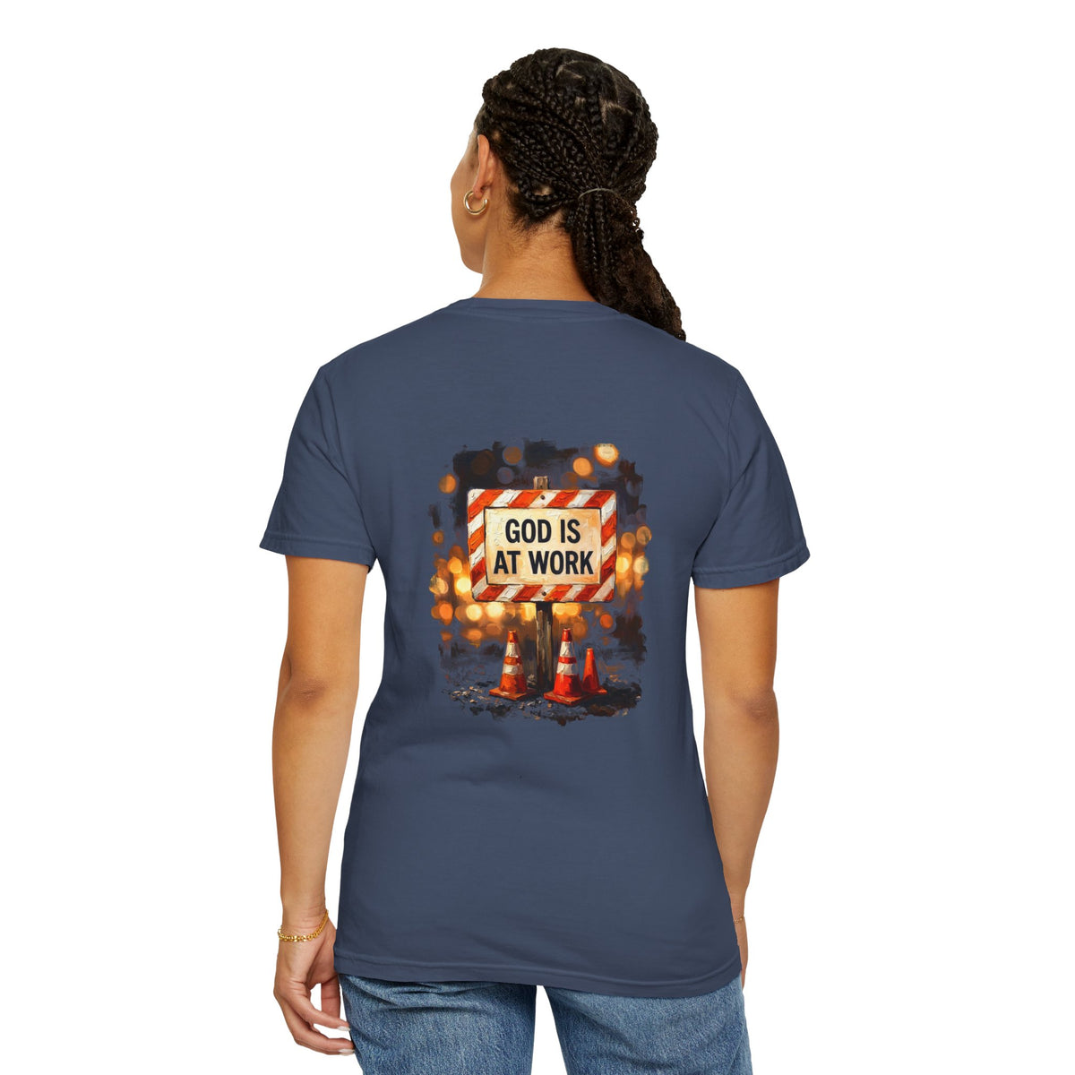 Christian T-Shirt — "God Is At Work" Cross Graphic Tee