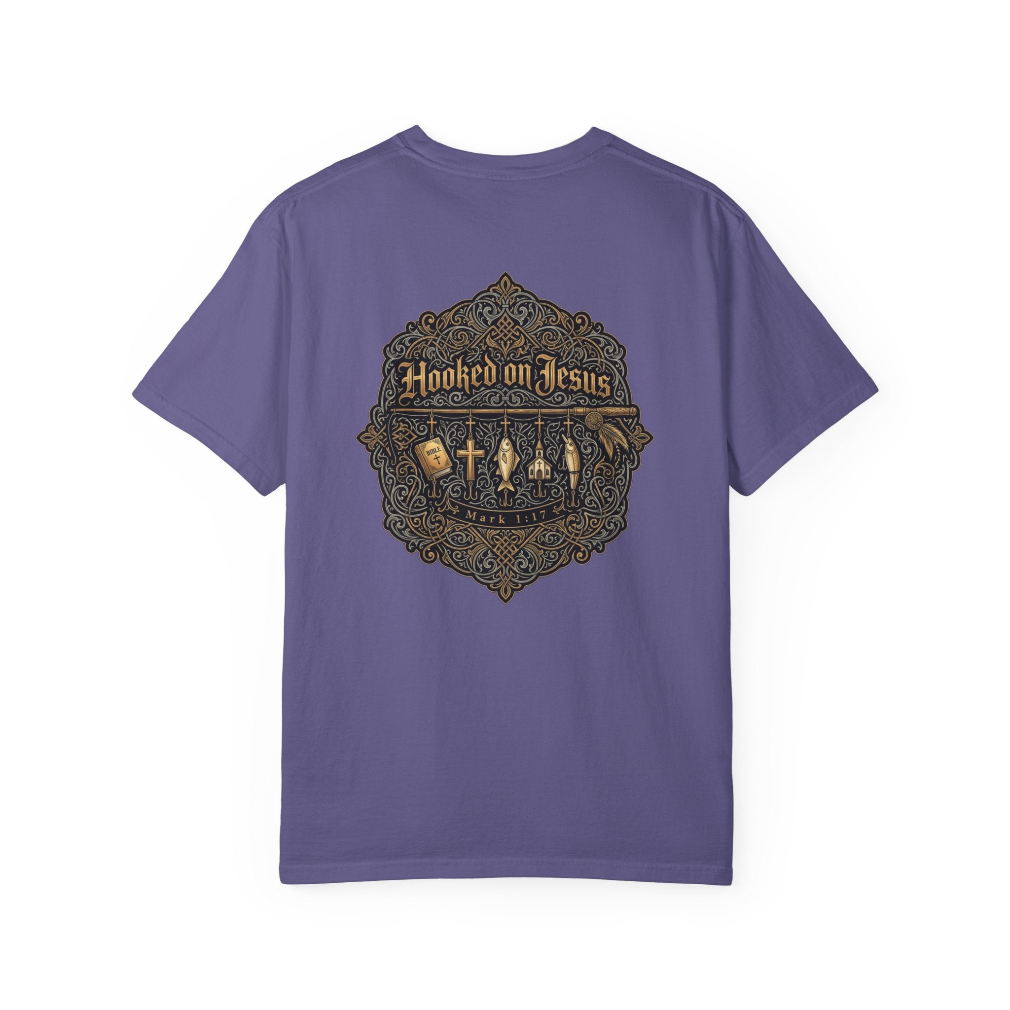 Hooked on Jesus T‑Shirt — Small Front Cross & Ornate Back Graphic
