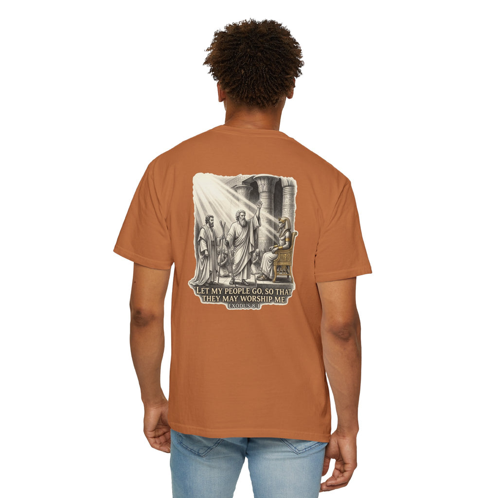 Religious T-Shirt — Small Cross Front & 'Let My People Go' Back Graphic