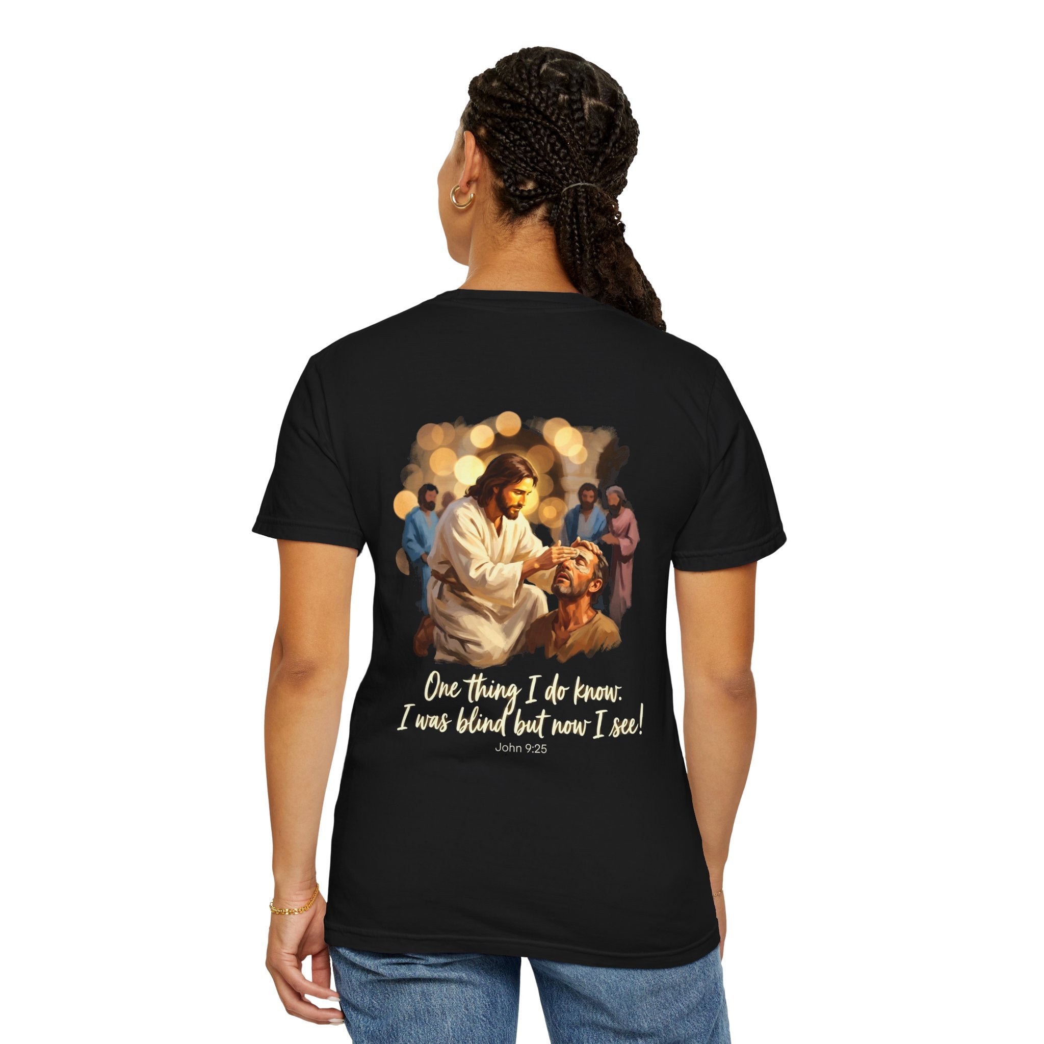 Christian T-Shirt — Jesus Healing the Blind "One thing I do know: I was blind but now I see"
