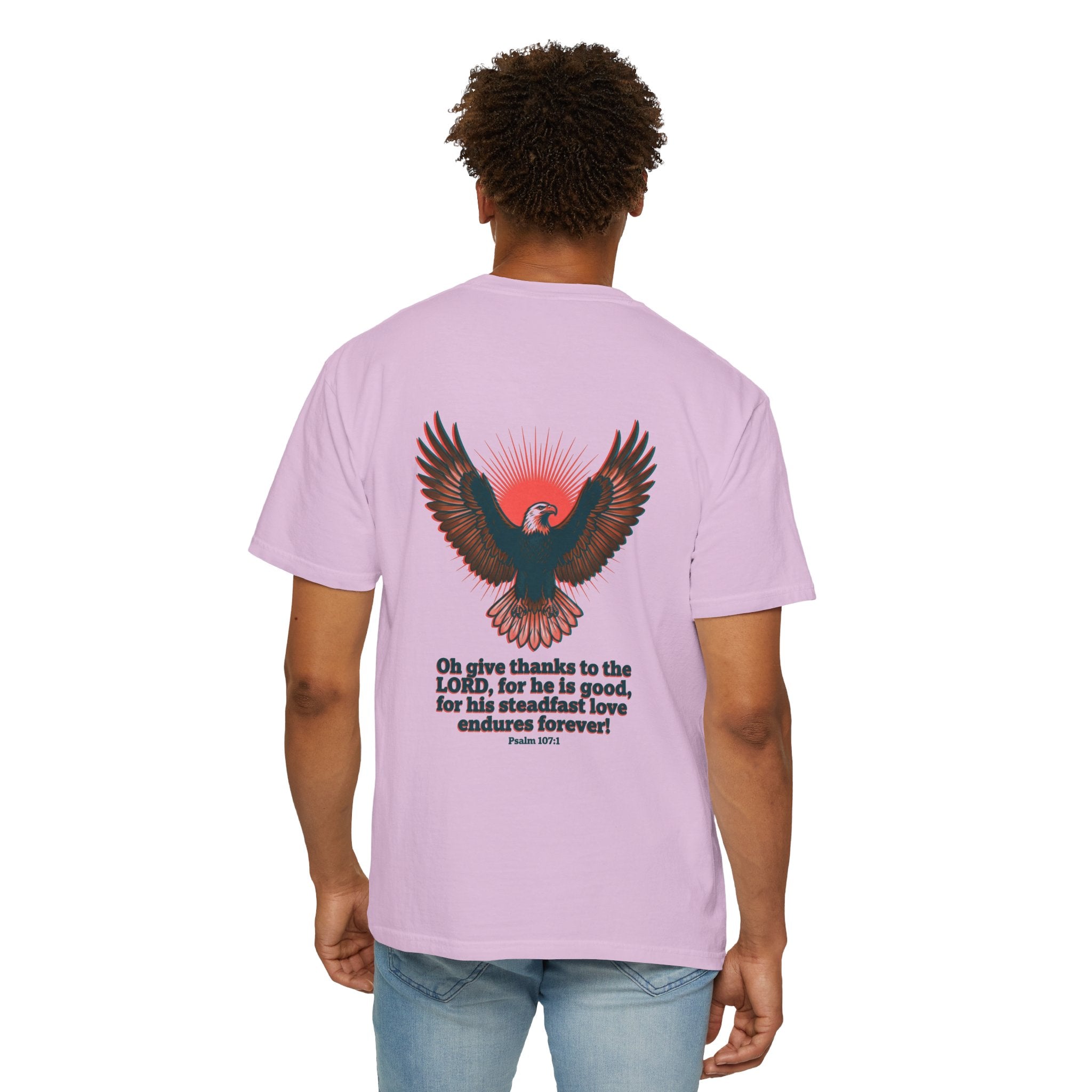 Christian Cross T-Shirt — Eagle Back Print with Psalm 107:1