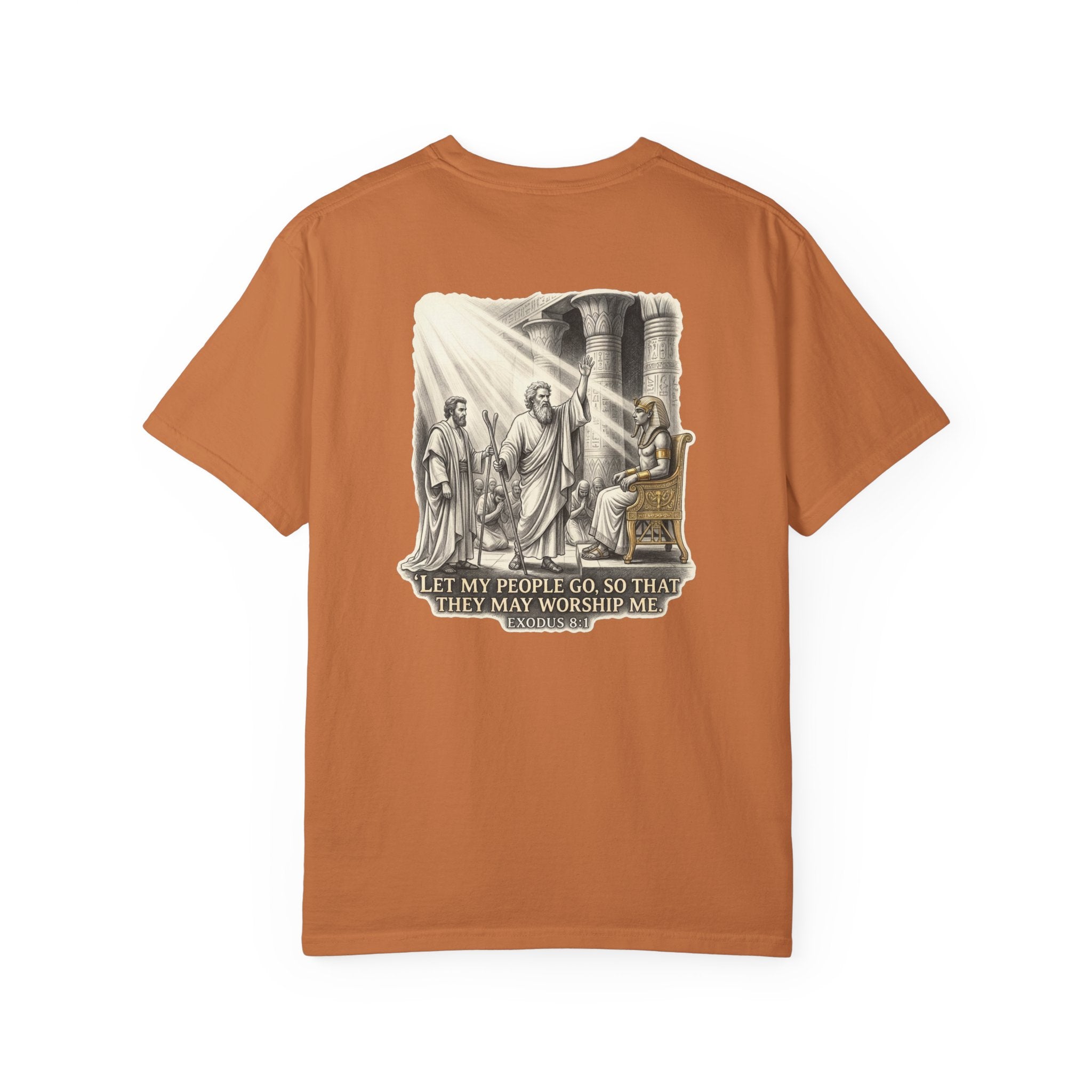 Religious T-Shirt — Small Cross Front & 'Let My People Go' Back Graphic