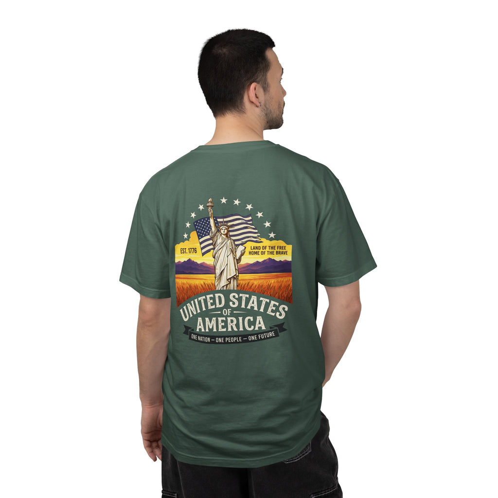 America Graphic T-Shirt — United States Vintage Statue of Liberty Back Print