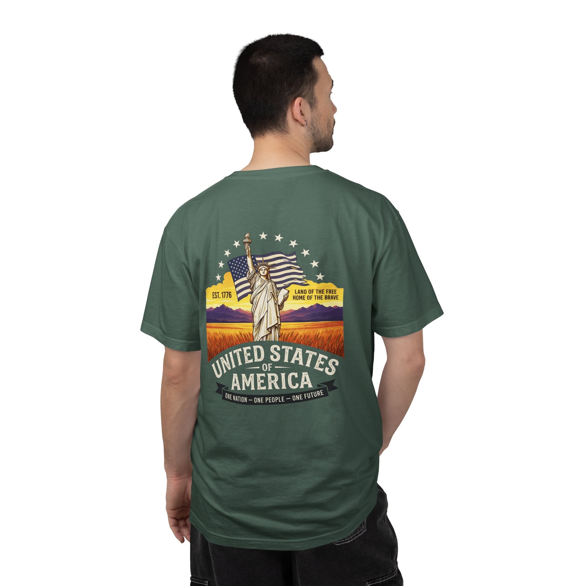 America Graphic T-Shirt — United States Vintage Statue of Liberty Back Print